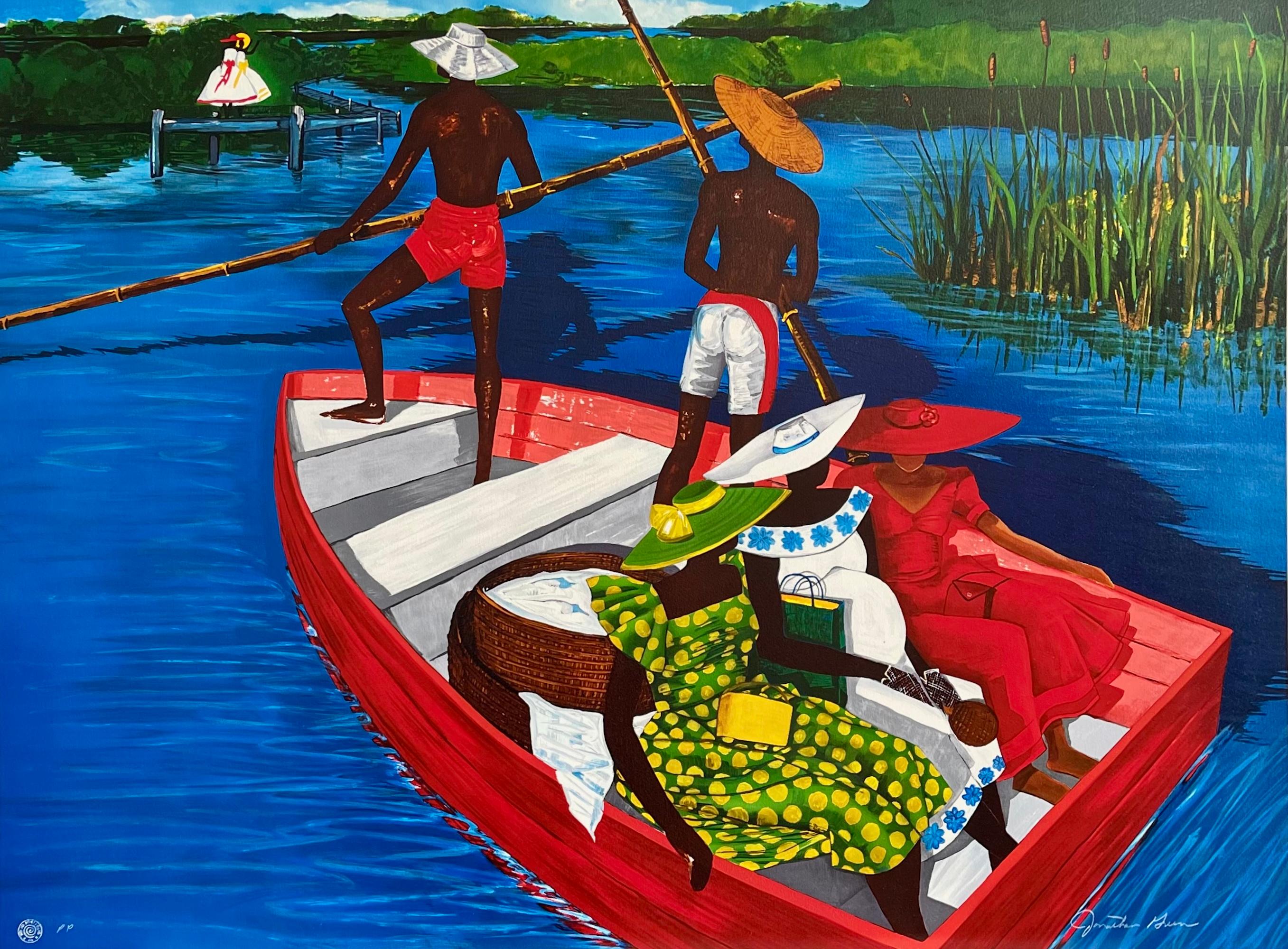 Lithographie signée THE ESCORTING OF RUTH, Trois femmes dans un bateau rouge, culture Gullah