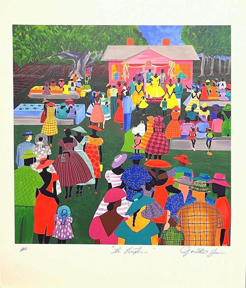 THE RECEPTION Signed Lithograph, Gullah Family Wedding, African American - Print by Jonathan Green