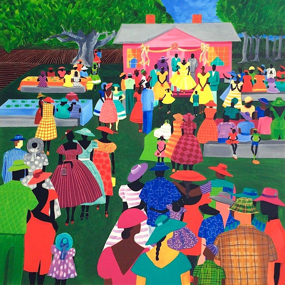 Jonathan Green Figurative Print - THE RECEPTION Signed Lithograph, Gullah Family Wedding, African American