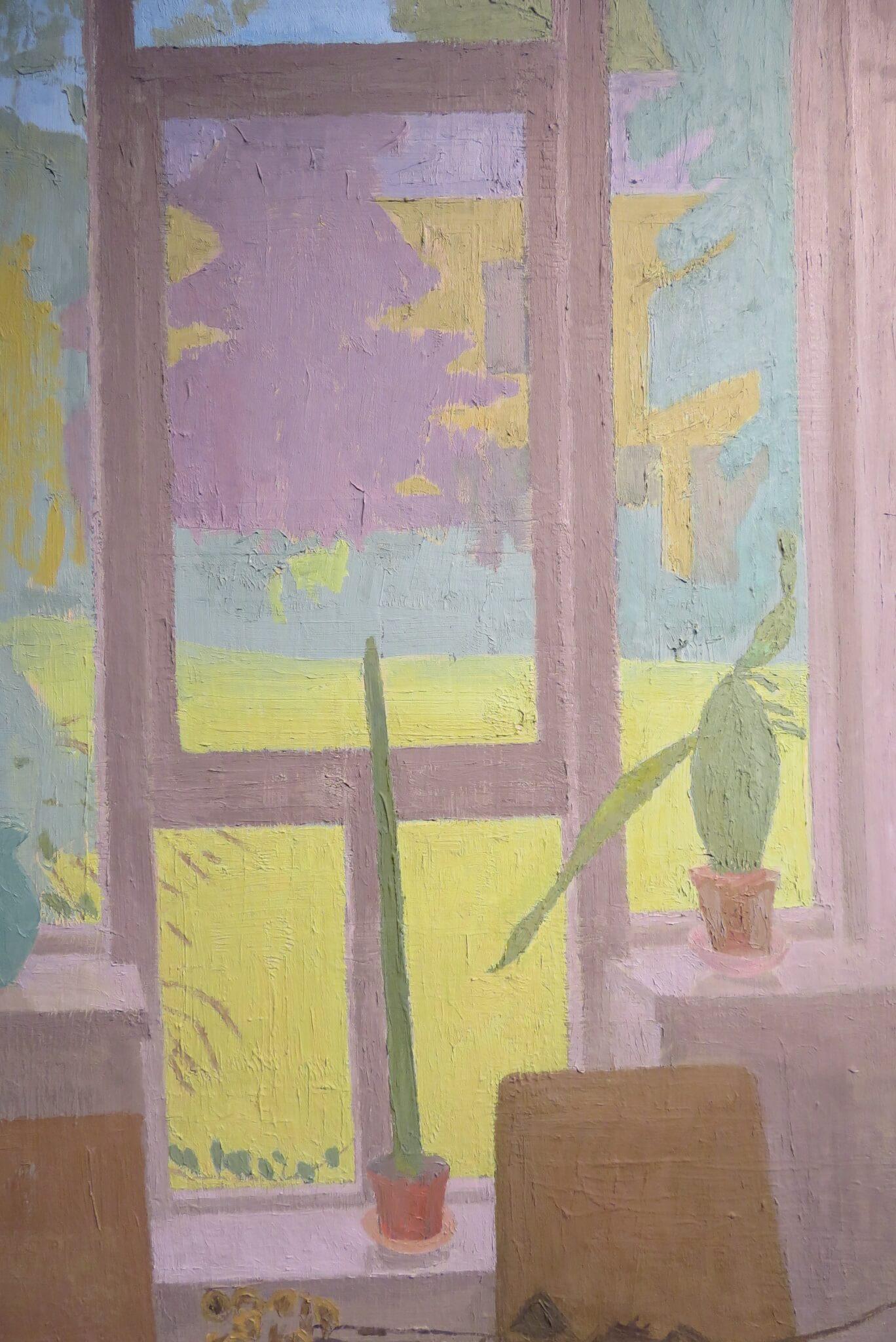 LARGE Modern British oil painting STUDIO WINDOW exhibited in London 1996 - Gray Landscape Painting by JONATHAN HOYLE