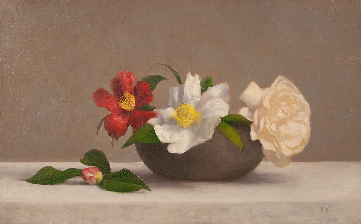 Jonathan Koch Still-Life Painting - Camelias and Rose with Bowl