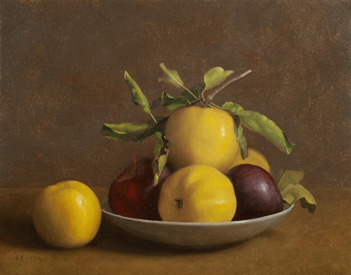 Jonathan Koch Still-Life Painting - Ginger Gold and Red Delicious Apples with Bowl