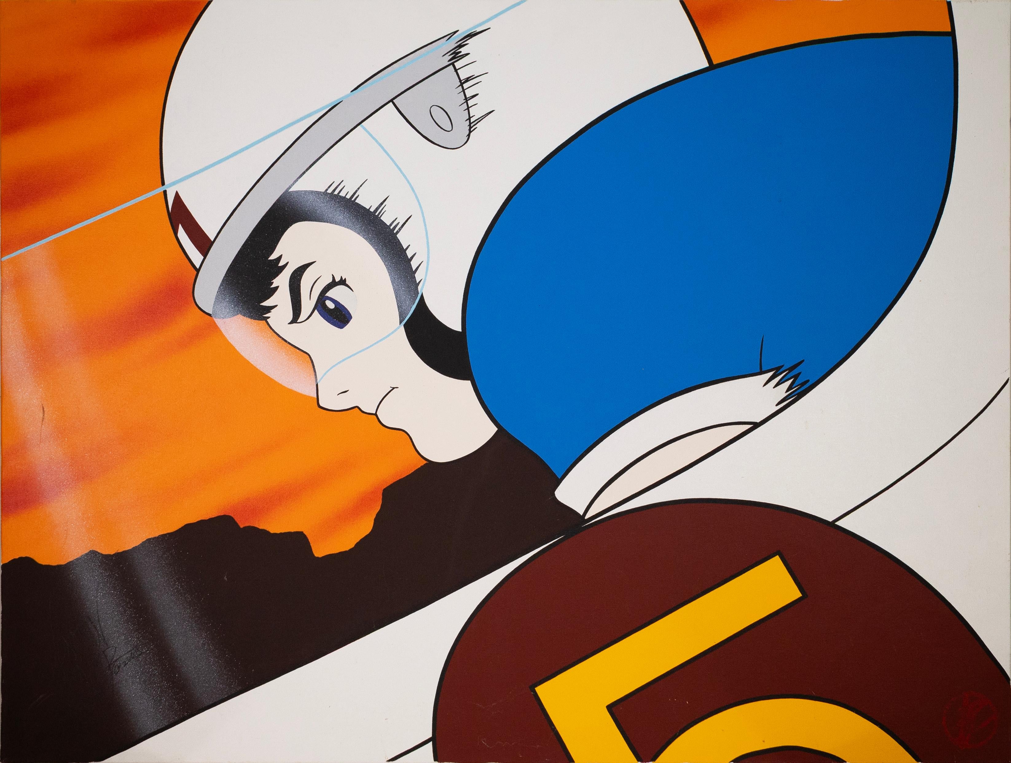 Cette peinture Pop Art de Jonathan Leaser représente le personnage emblématique Speed Racer de la célèbre série télévisée d'animation des années 1960. Signé à la main et daté 2005 en bas à droite. Rendu par des lignes graphiques nettes et des