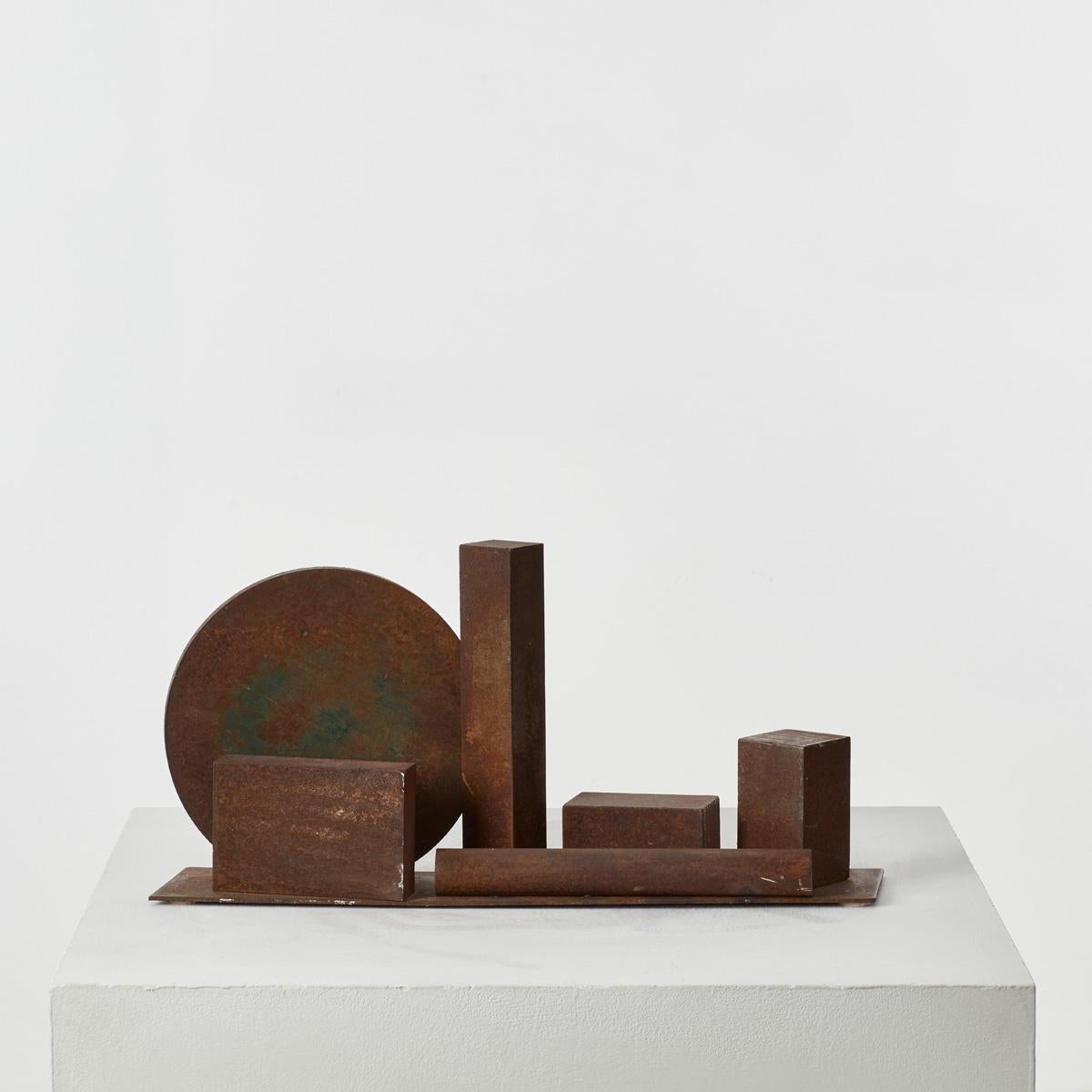 An abstract constructivist sculpture, in oxidised metal by Jonathan Miller CBE (1934-2019). 
Miller was a very successful theatre director and television presenter, as well as a great sculptor. Miller treated his sculptures like collages,