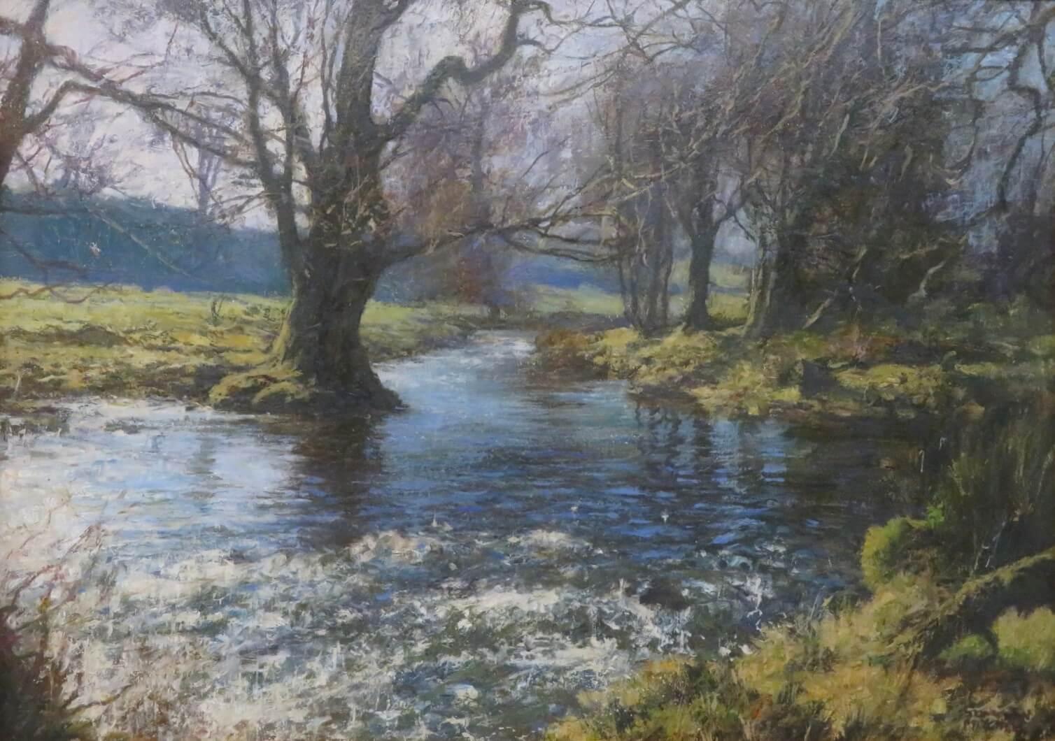 Superb Scottish Realist Contemporary signed oil painting RIVER SCENE SUNLIGHT  - Painting by Jonathan Mitchell