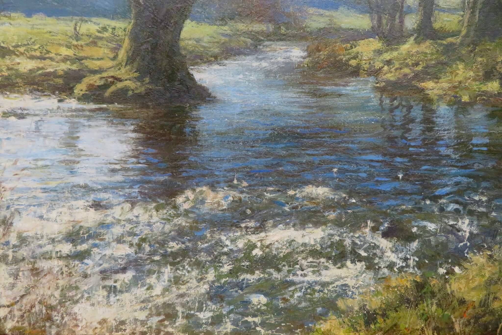 ARTIST: Jonathan Mitchell (1965-) Scottish

TITLE: “Sunlight On Water Kirriemuir”

SIGNED: lower right

MEDIUM:moil on board

SIZE:  48cm x 38cm inc frame

CONDITION: excellent

DETAIL: In 1990 Jonathan graduated from Duncan of Jordanstone College