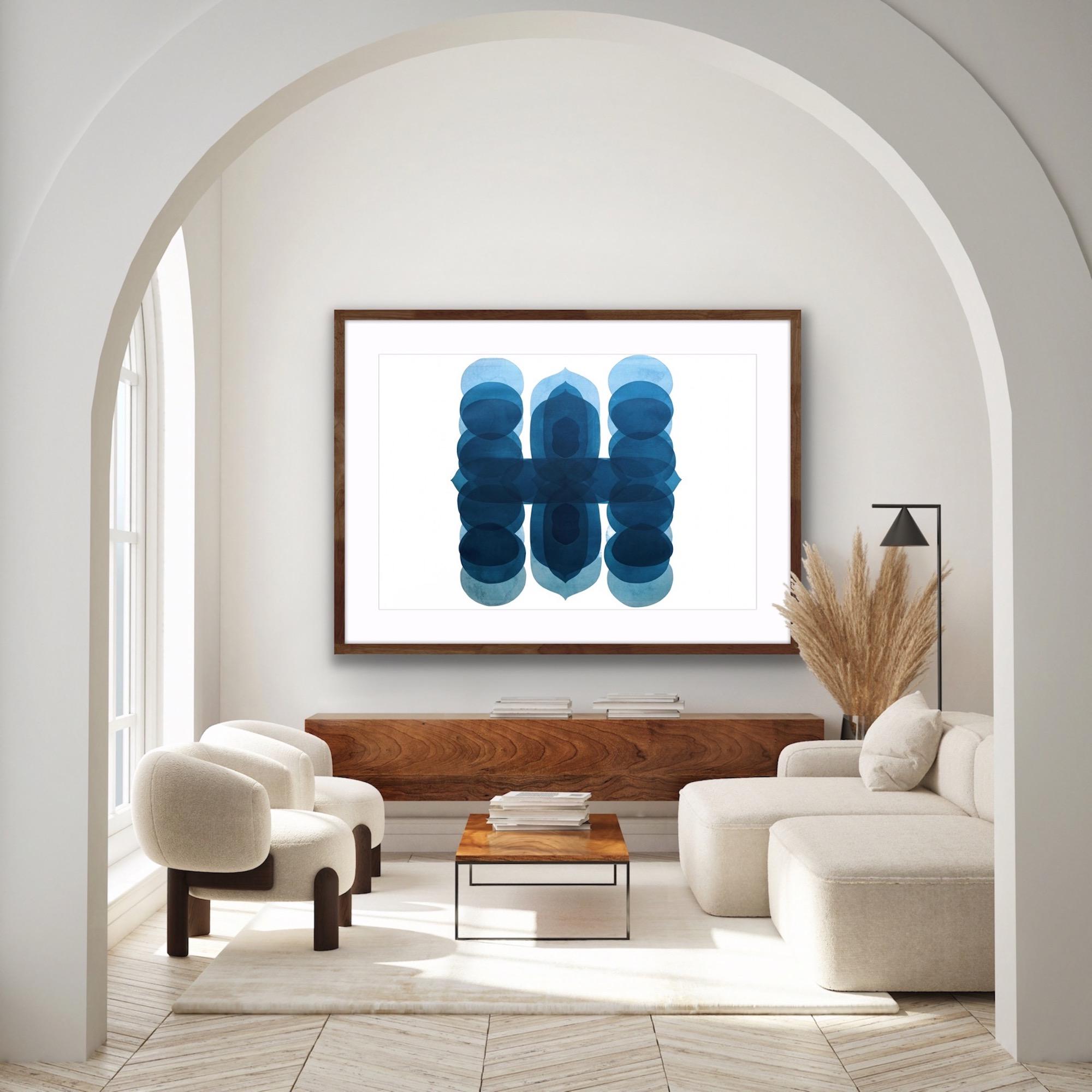 NV5, Impression abstraite minimaliste, œuvre d'art contemporaine unique en bleu et blanc - Painting de Jonathan Moss
