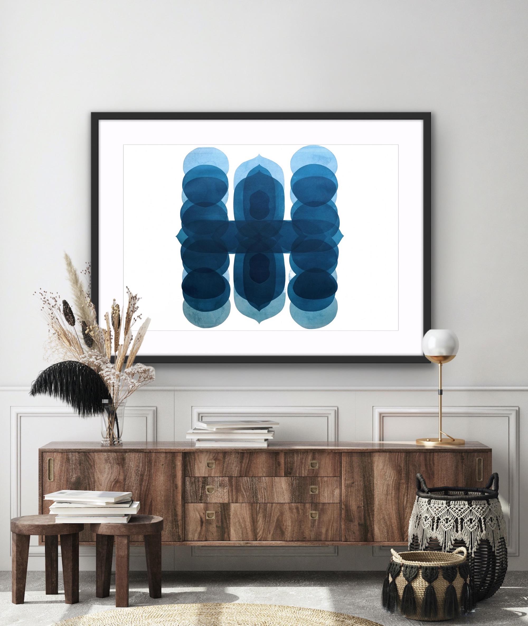 NV5, Impression abstraite minimaliste, œuvre d'art contemporaine unique en bleu et blanc en vente 1