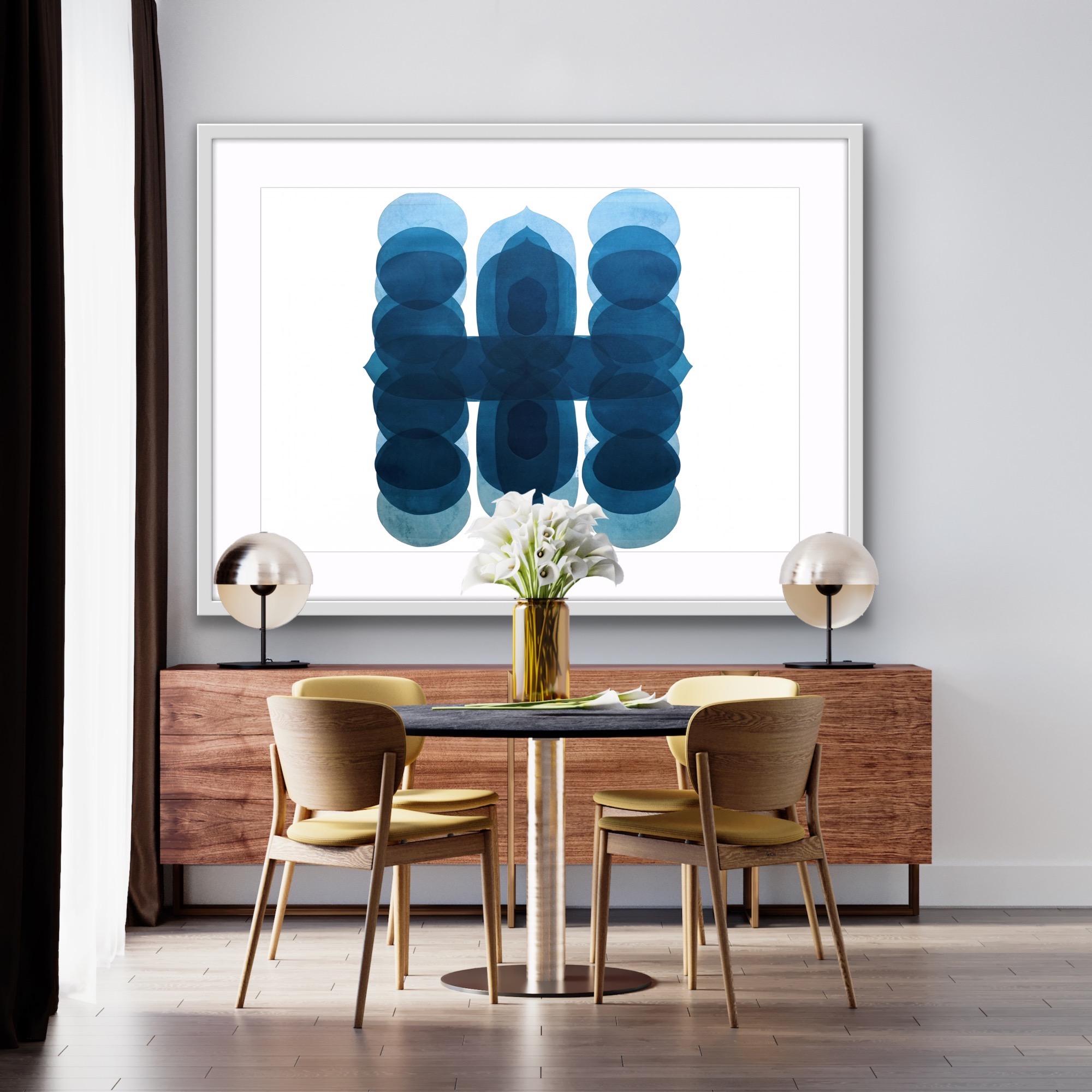 NV5, Impression abstraite minimaliste, œuvre d'art contemporaine unique en bleu et blanc en vente 2