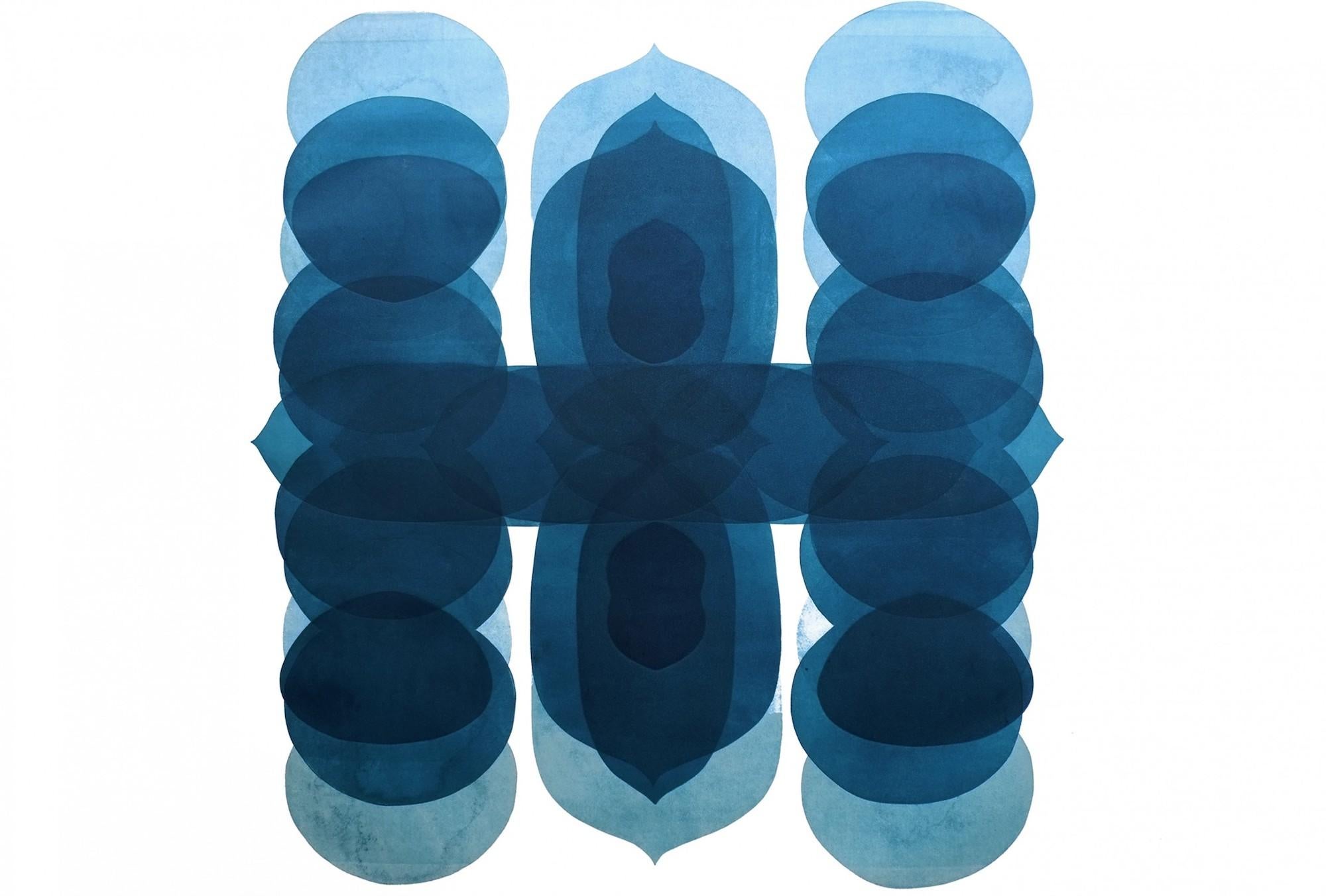Abstract Painting Jonathan Moss - NV5, Impression abstraite minimaliste, œuvre d'art contemporaine unique en bleu et blanc