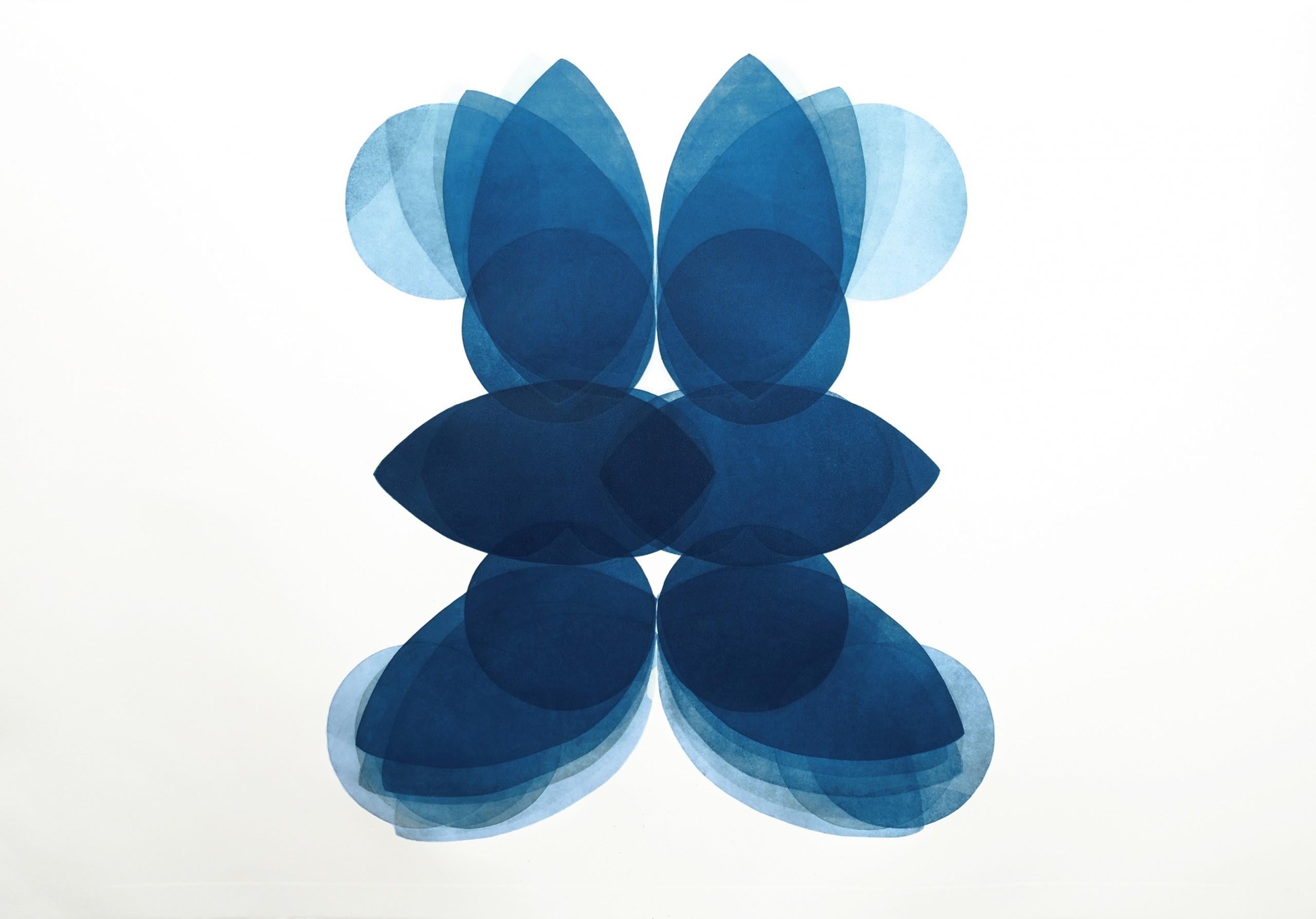 NV4, Einzigartiger abstrakter Druck, zeitgenössisches blau-weißes minimalistisches Kunstwerk