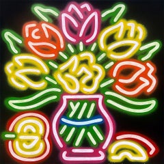 Fruit and Flowers (Lilies) - Neon Still-Life Painting