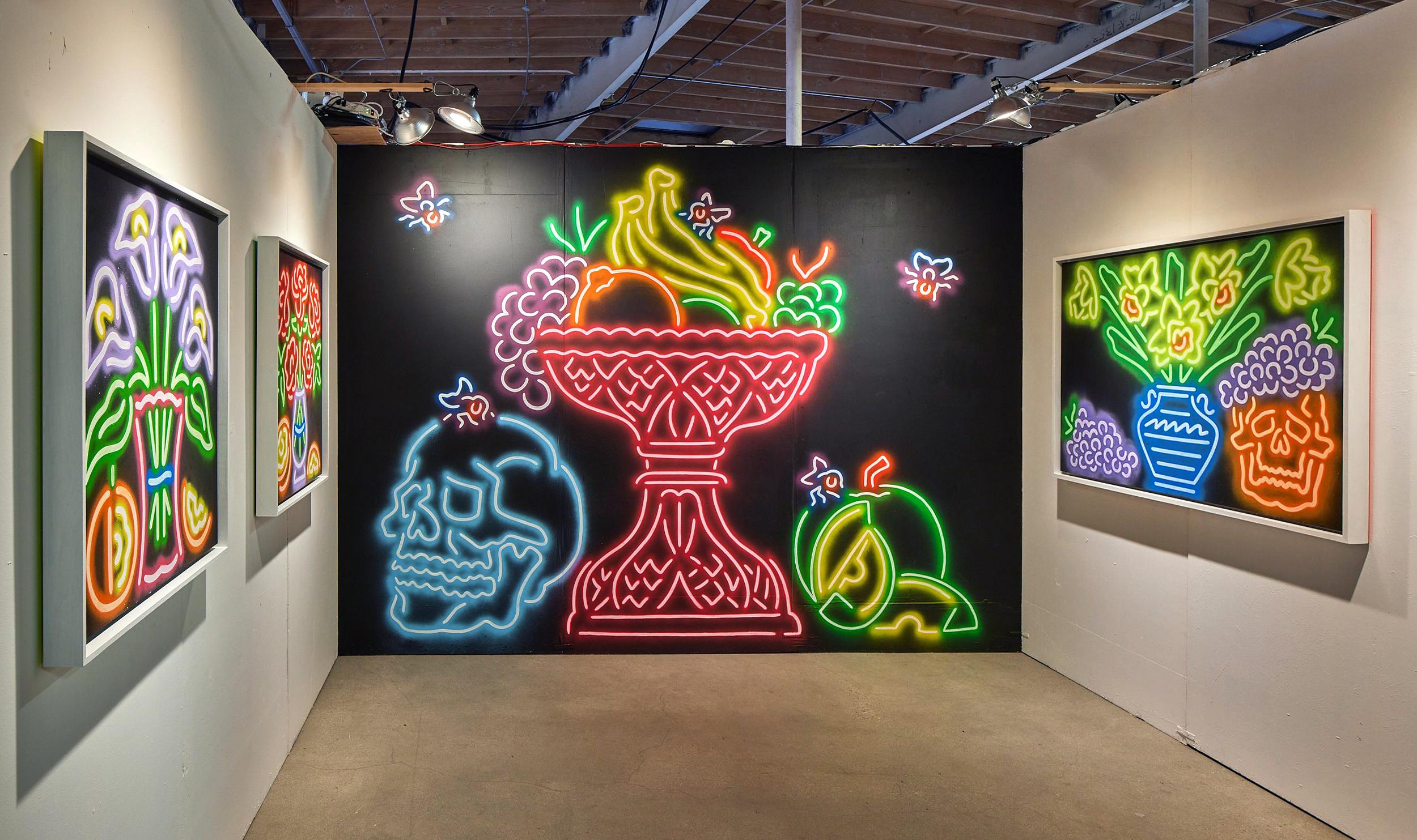 Skull, Fruit, Flies - Neon painting, Memento Mori Still-life, mural or on canvas - Contemporary Art by Jonathan Peck