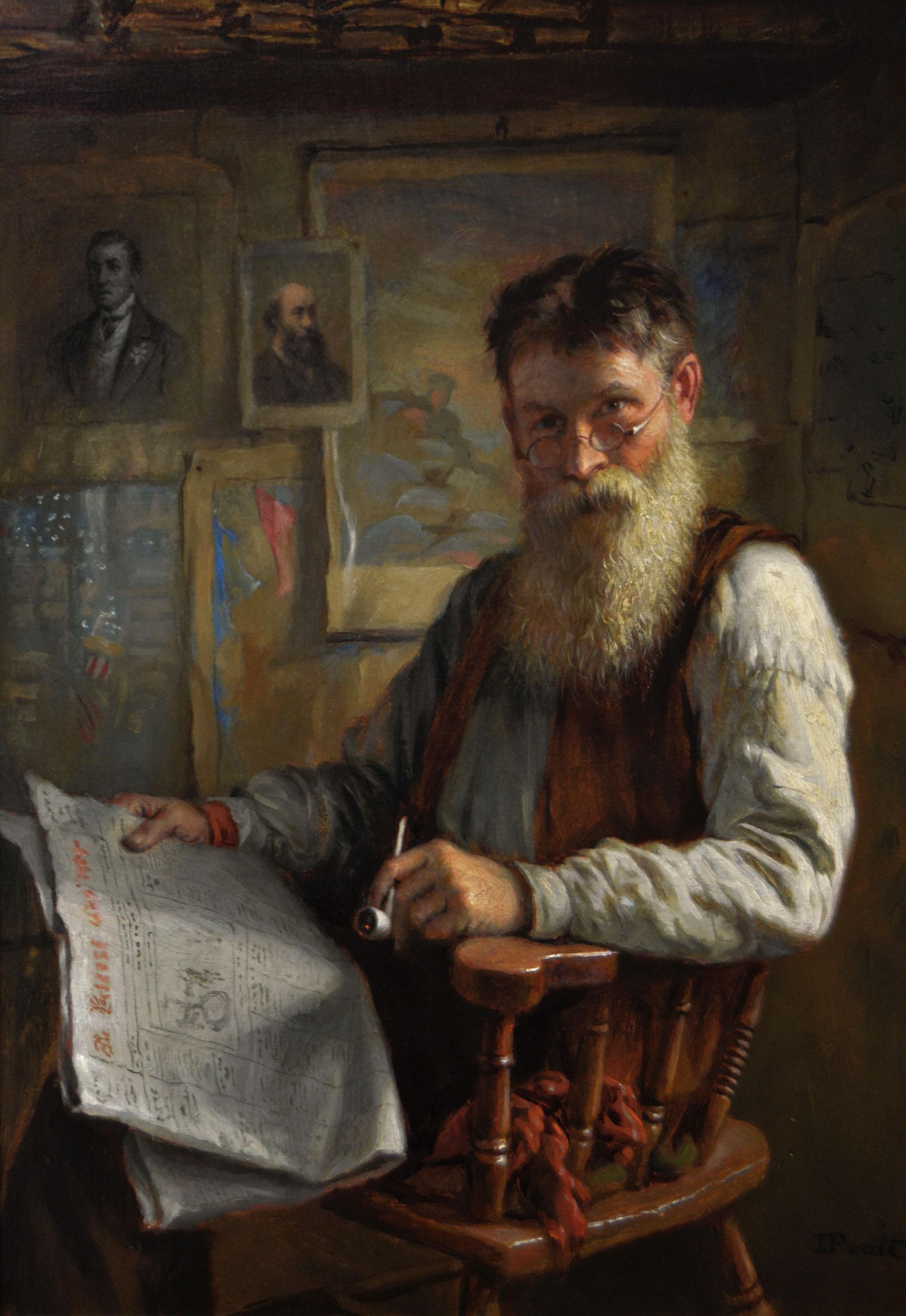 19th Century genre oil painting of a man holding a newspaper  - Painting by Jonathan Pratt