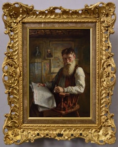 19th Century genre oil painting of a man holding a newspaper