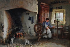 19th Century genre oil painting of a woman spinning wool