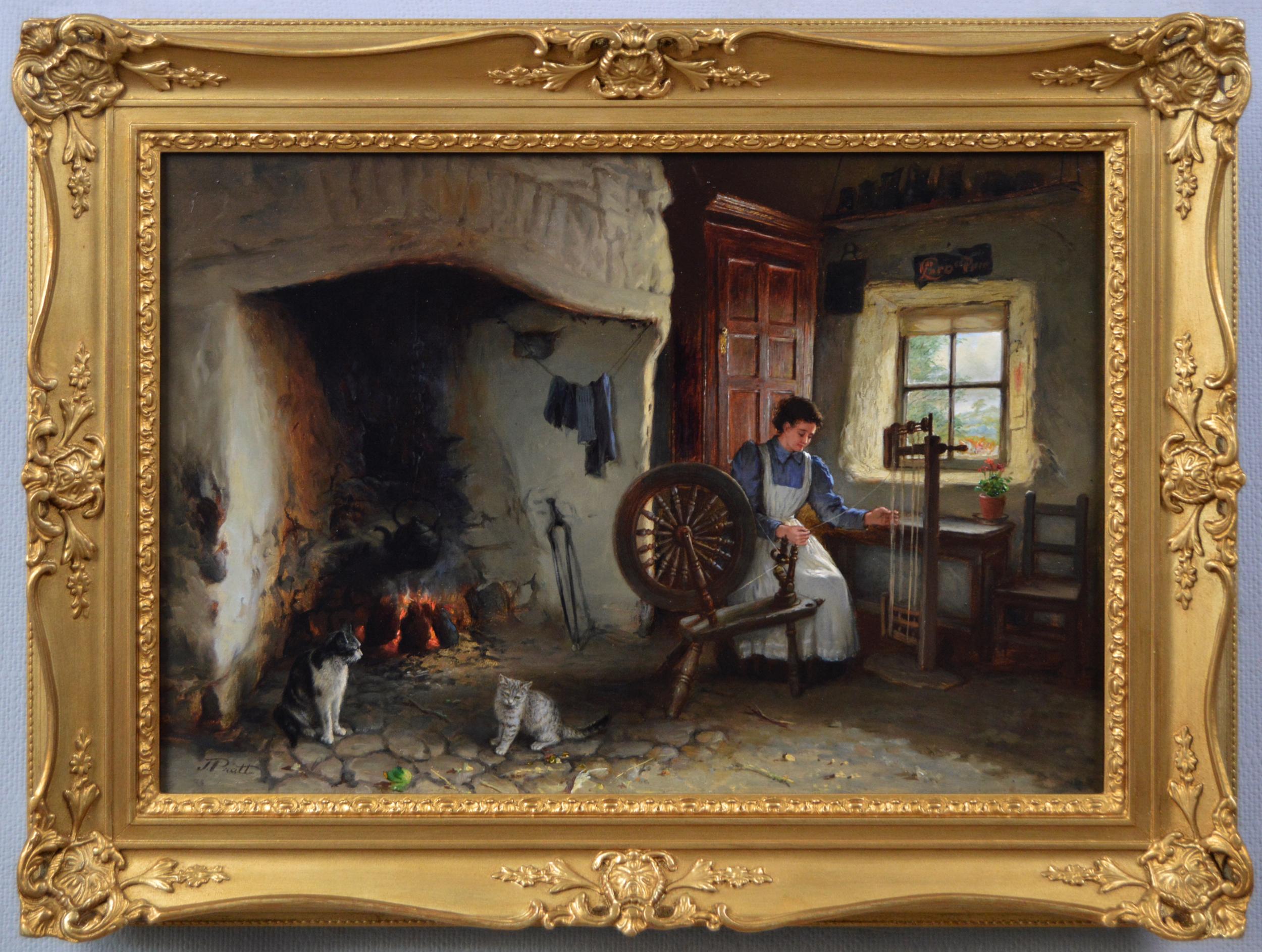 19th Century genre oil painting of a woman spinning wool 