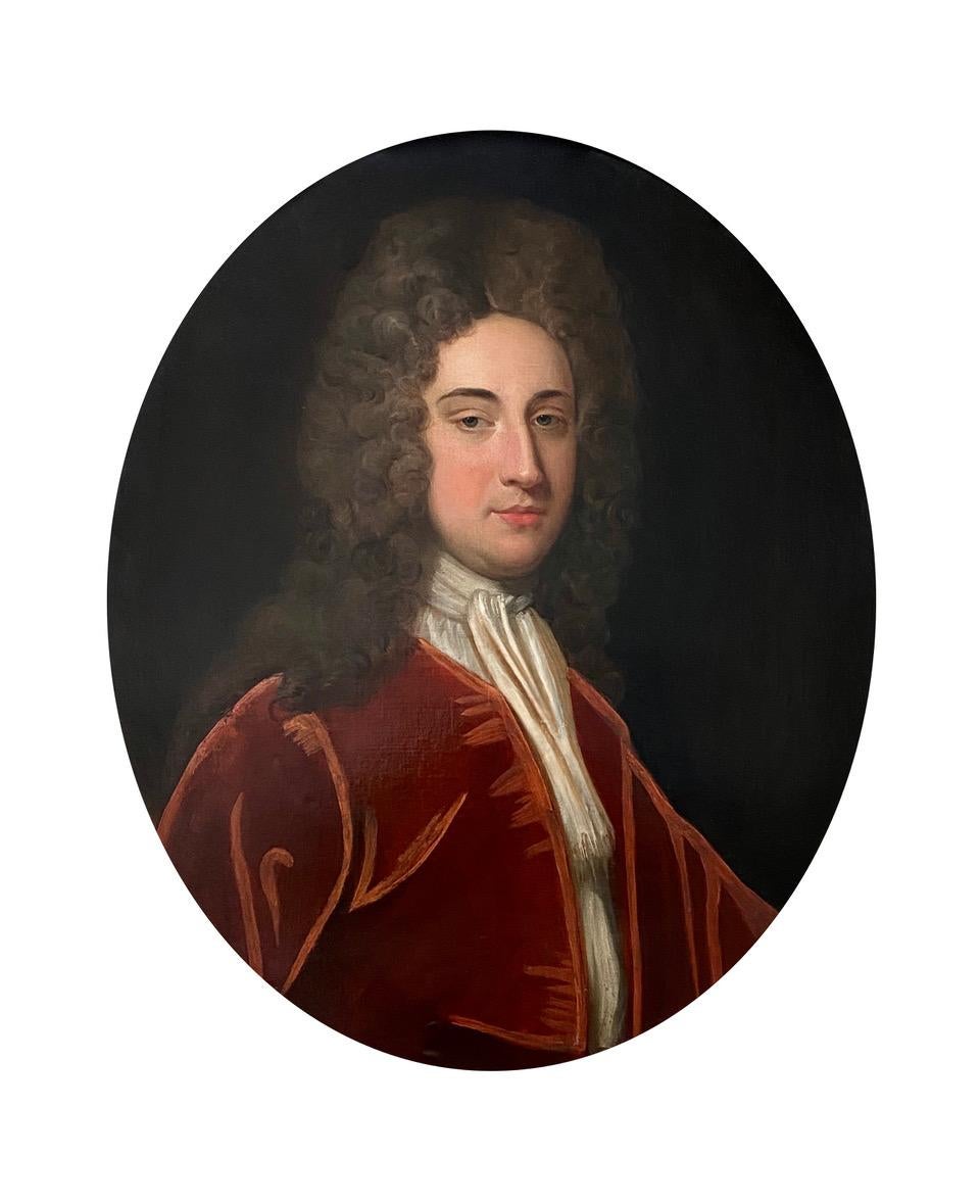 Early 18th Century English Oil Portrait of a Gentleman in a Red Velvet Jacket - Painting by Jonathan Richardson, the Elder