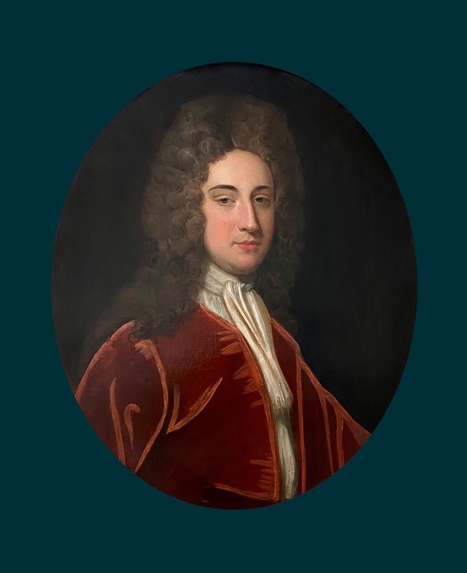 Early 18th Century English Oil Portrait of a Gentleman in a Red Velvet Jacket - Black Portrait Painting by Jonathan Richardson, the Elder