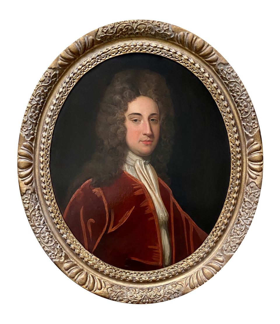 Jonathan Richardson, the Elder Portrait Painting - Early 18th Century English Oil Portrait of a Gentleman in a Red Velvet Jacket