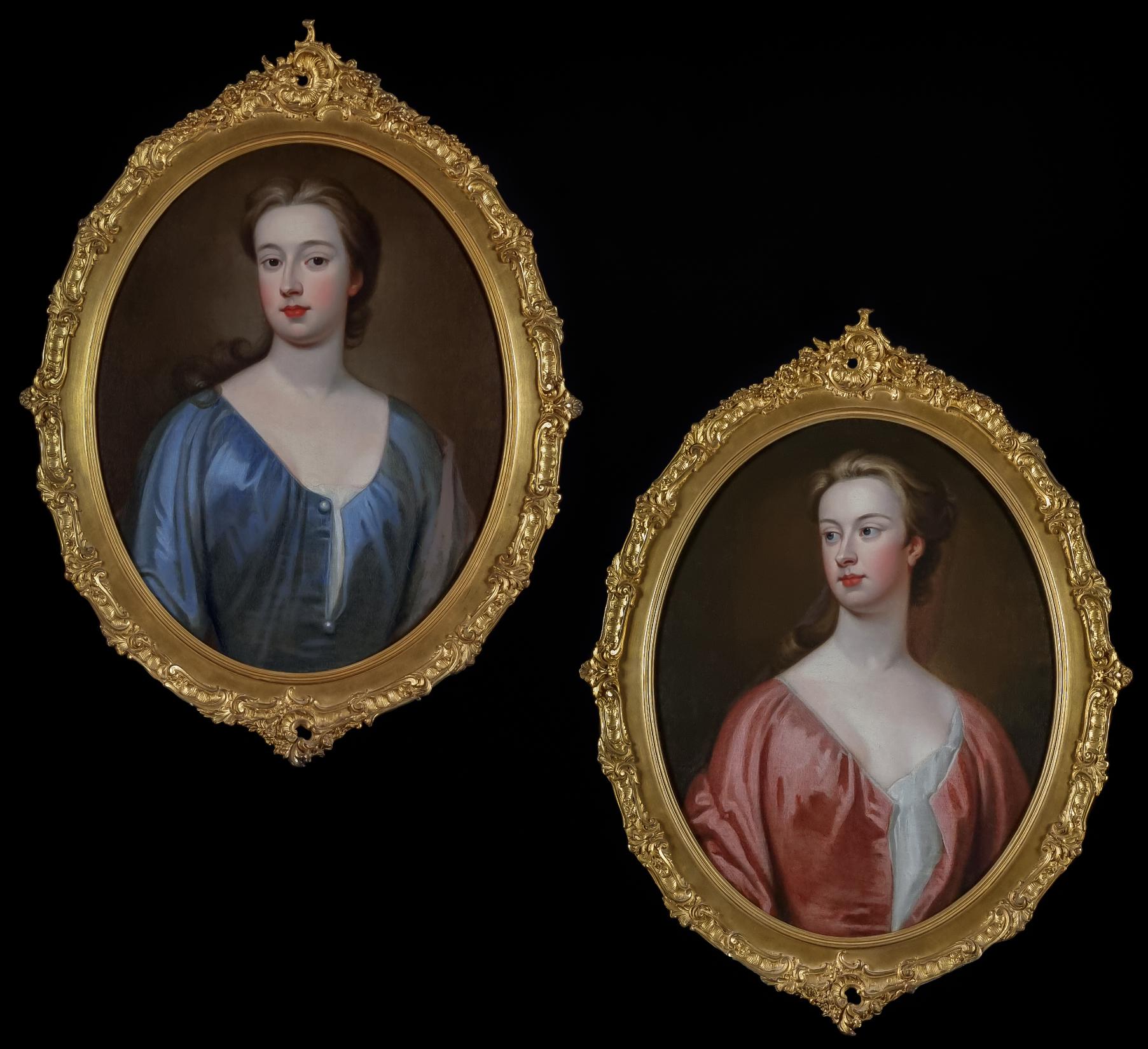 Pair (2) of English Portraits, Lady in Blue Dress & Lady in Red Dress c.1720