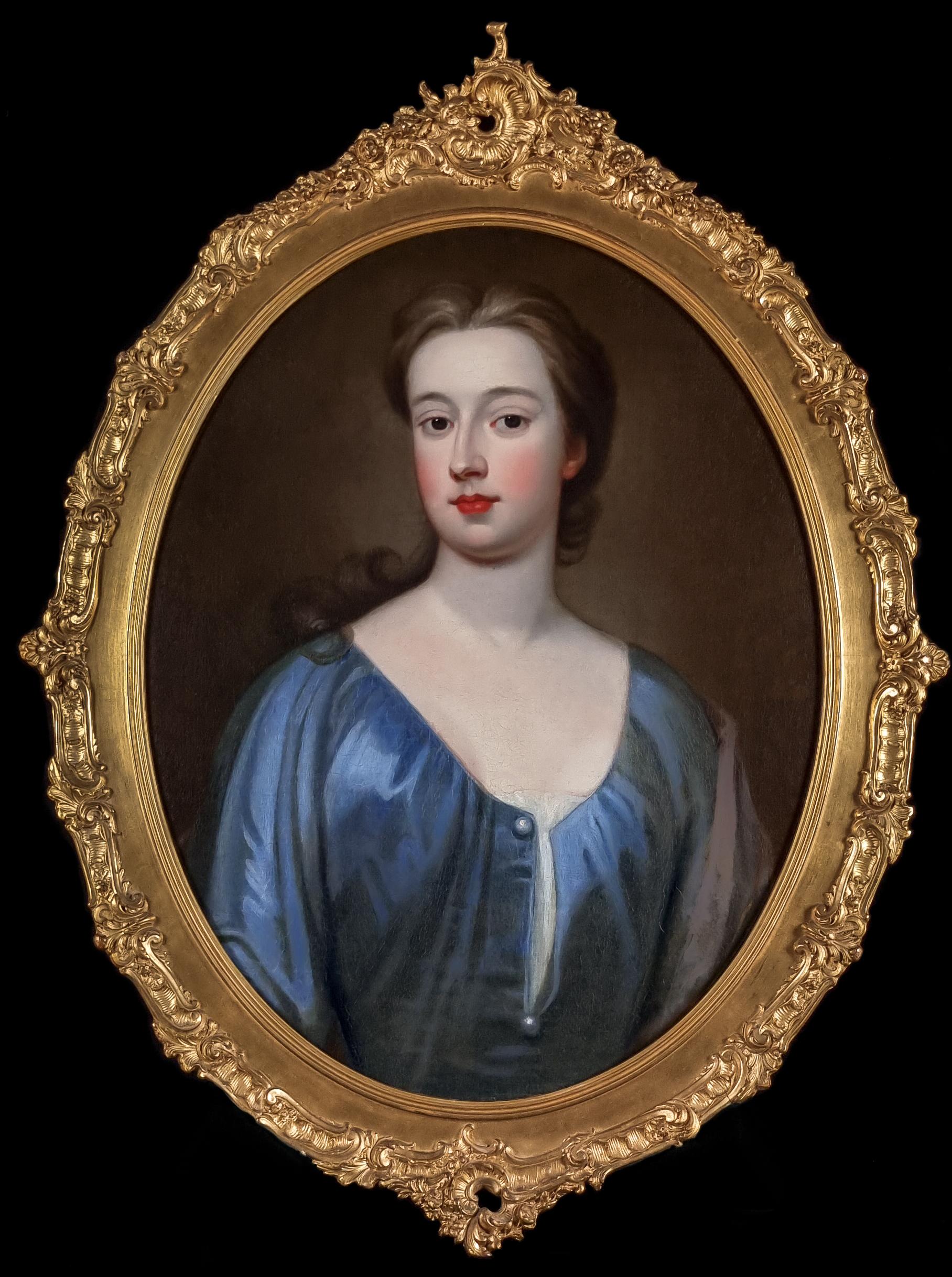 Jonathan Richardson, the Elder Portrait Painting - Portrait of an Elegant Lady in a Blue Silk Dress, Beautiful Antique Frame c.1720