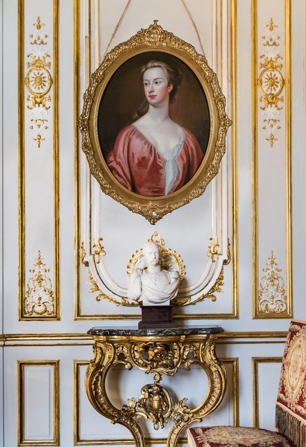 Portrait of an Elegant Lady in a Red Silk Dress, Beautiful Antique Frame c.1720 - Painting by Jonathan Richardson, the Elder
