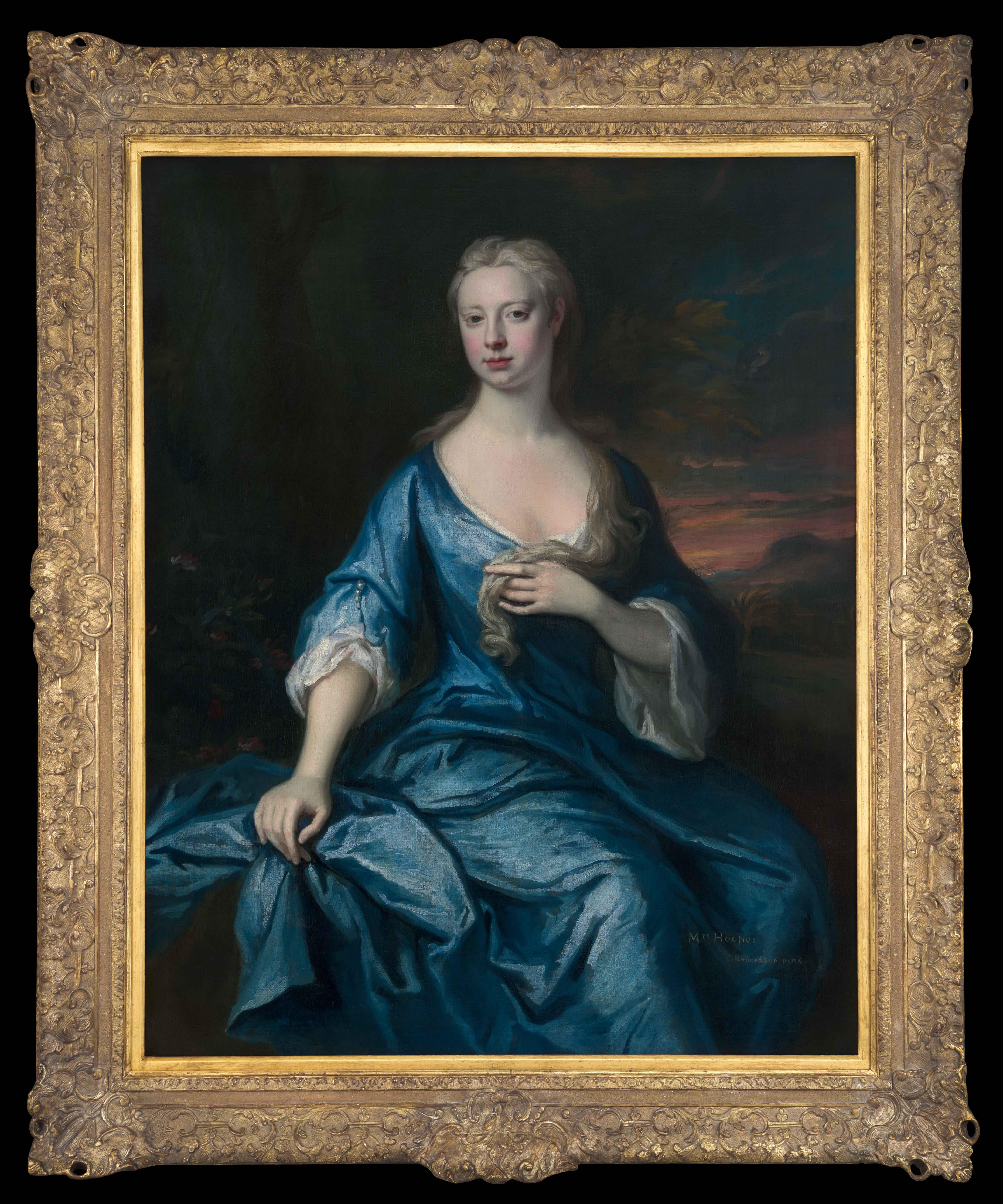 Jonathan Richardson, the Elder Portrait Painting - Portrait of Mary Hooper née Davie, Blue Dress, Seated in a Parkland, Provenance