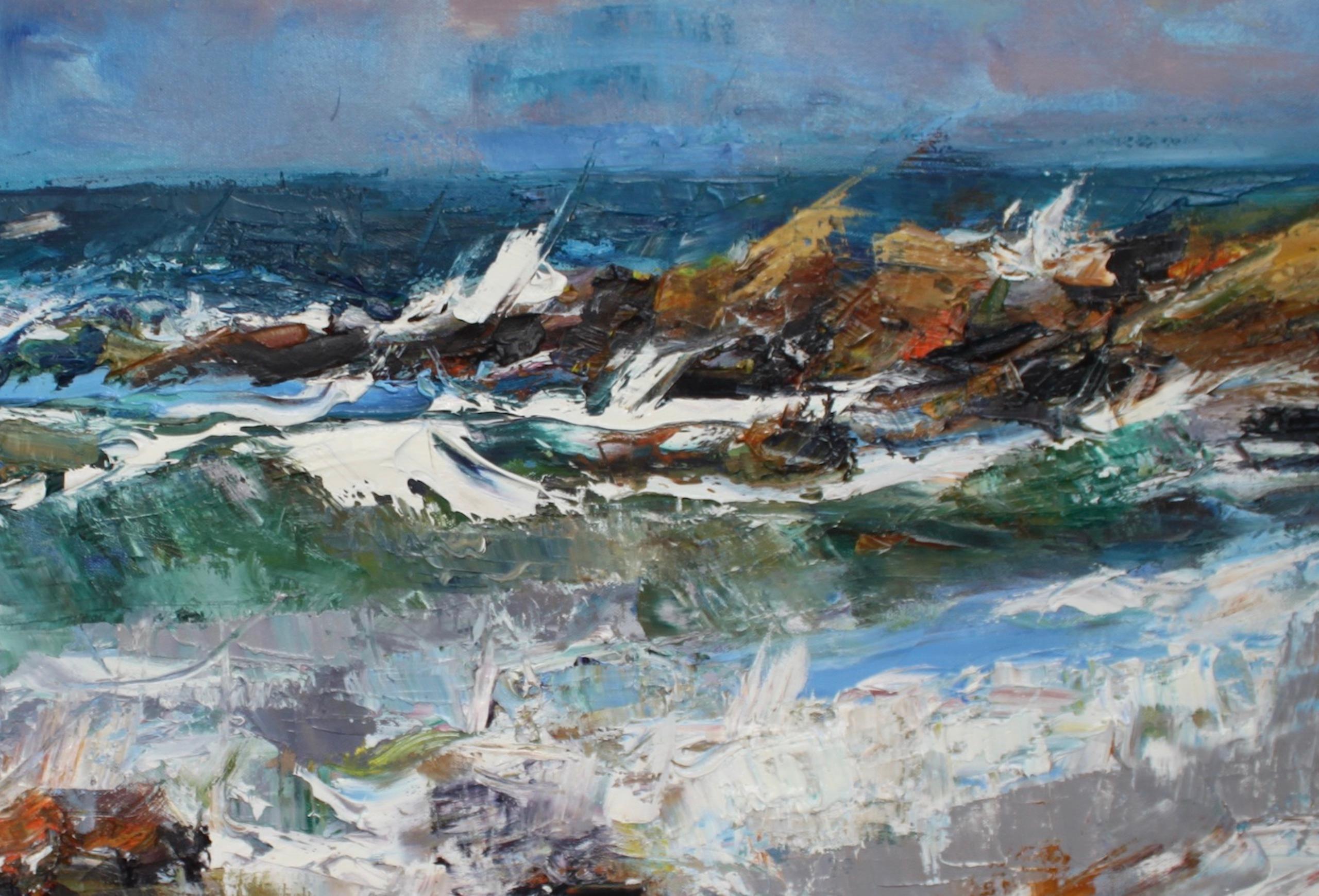 Crashing Waves Hopeman Beach by Jonathan Shearer - Landscape oil painting, sea For Sale 1