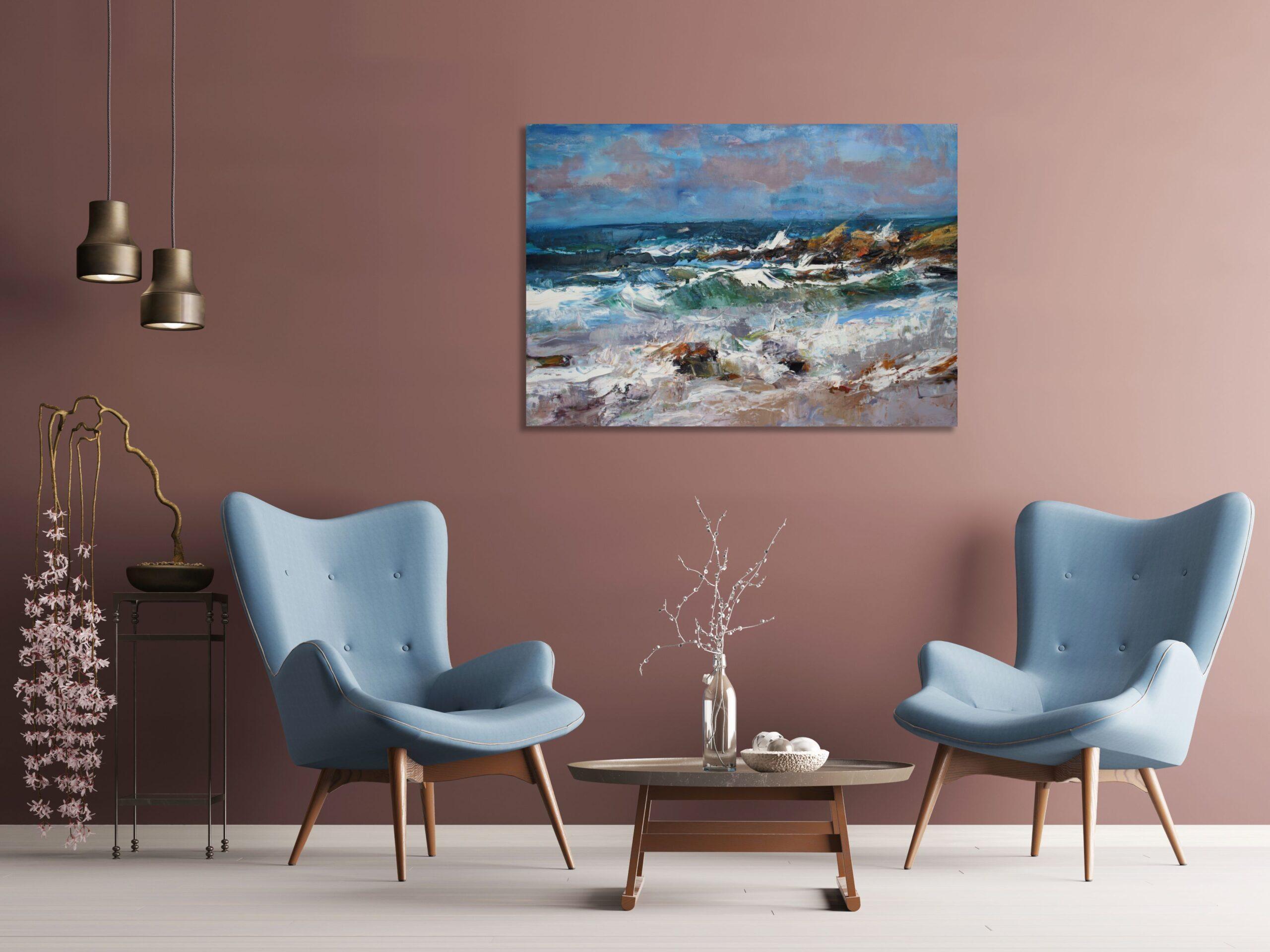 Crashing Waves Hopeman Beach is a unique oil on canvas painting by contemporary artist Jonathan Shearer, dimensions are 70 × 100 × 3.5 cm (27.6 × 39.4 × 1.4 in).
The artwork is signed, sold unframed and comes with a certificate of