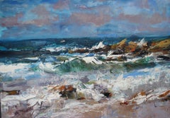 Crashing Waves Hopeman Beach by Jonathan Shearer - Landscape oil painting, sea