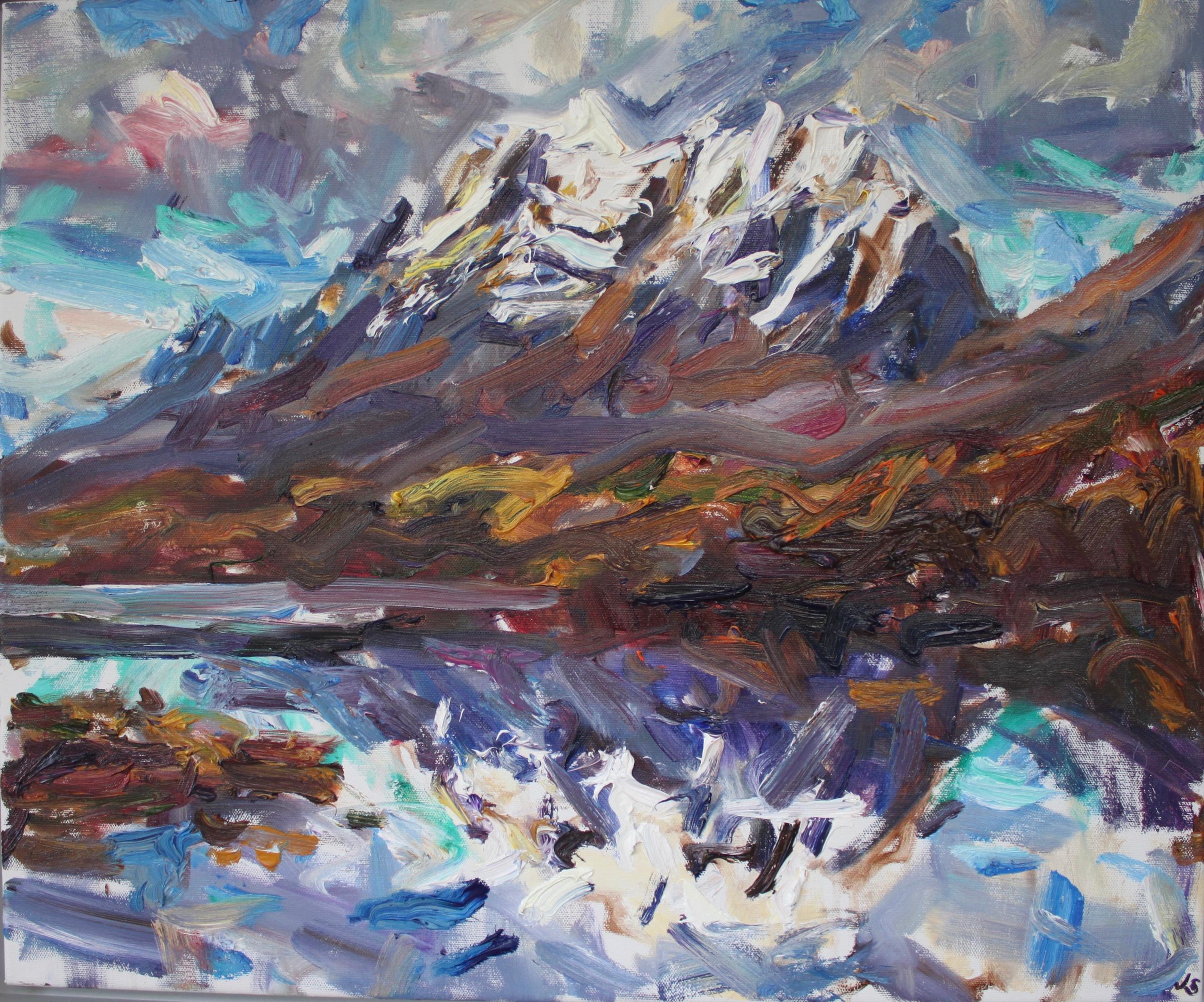 Liathach Reflection is a unique oil on canvas painting by contemporary artist Jonathan Shearer, dimensions are 41 × 51 × 3.5 cm (16.1 × 20.1 × 1.4 in).
The artwork is signed, sold unframed and comes with a certificate of authenticity.

Jonathan