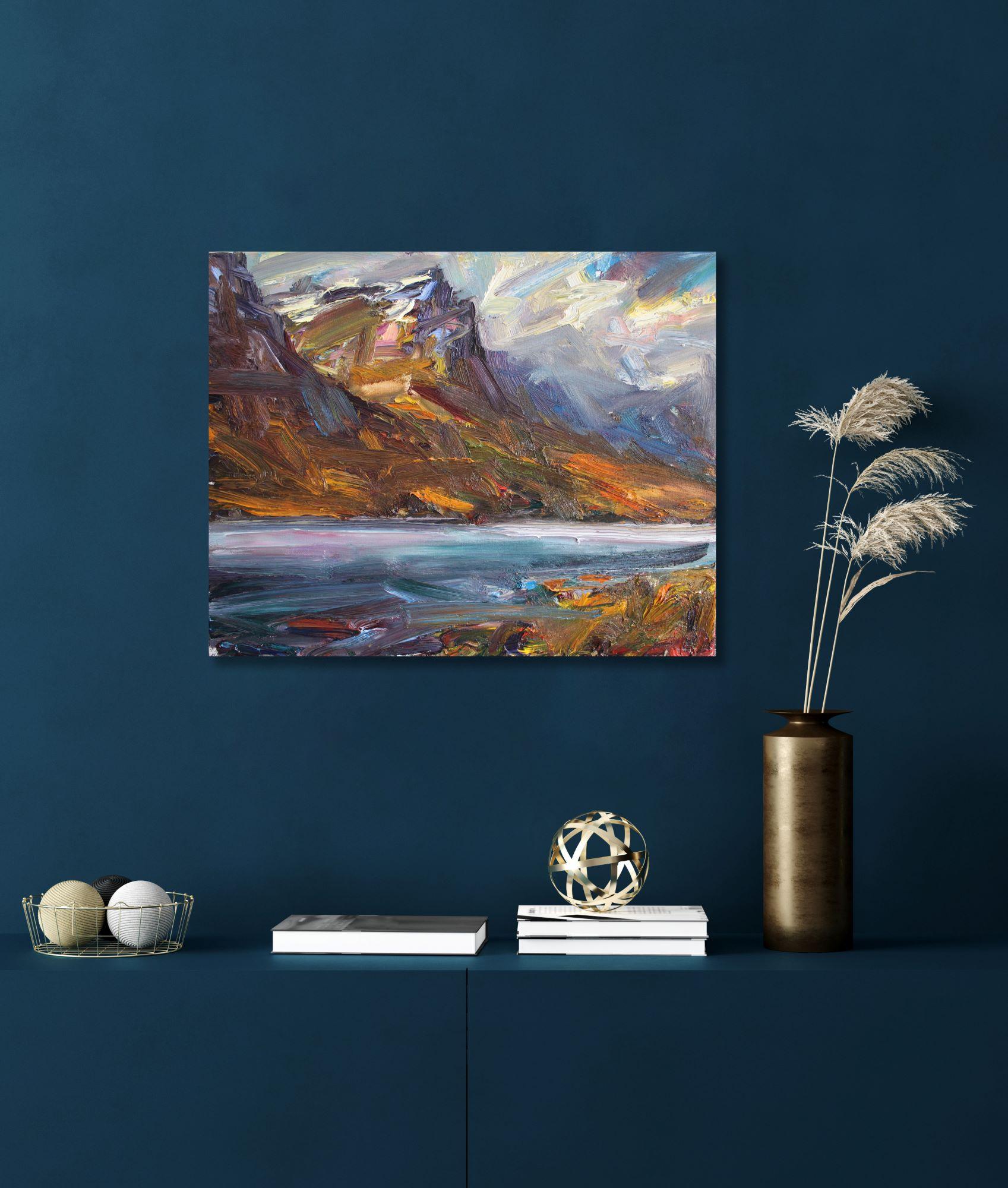 Loch nan Arr by Jonathan Shearer - Landscape oil painting, mountains, blue sky For Sale 1