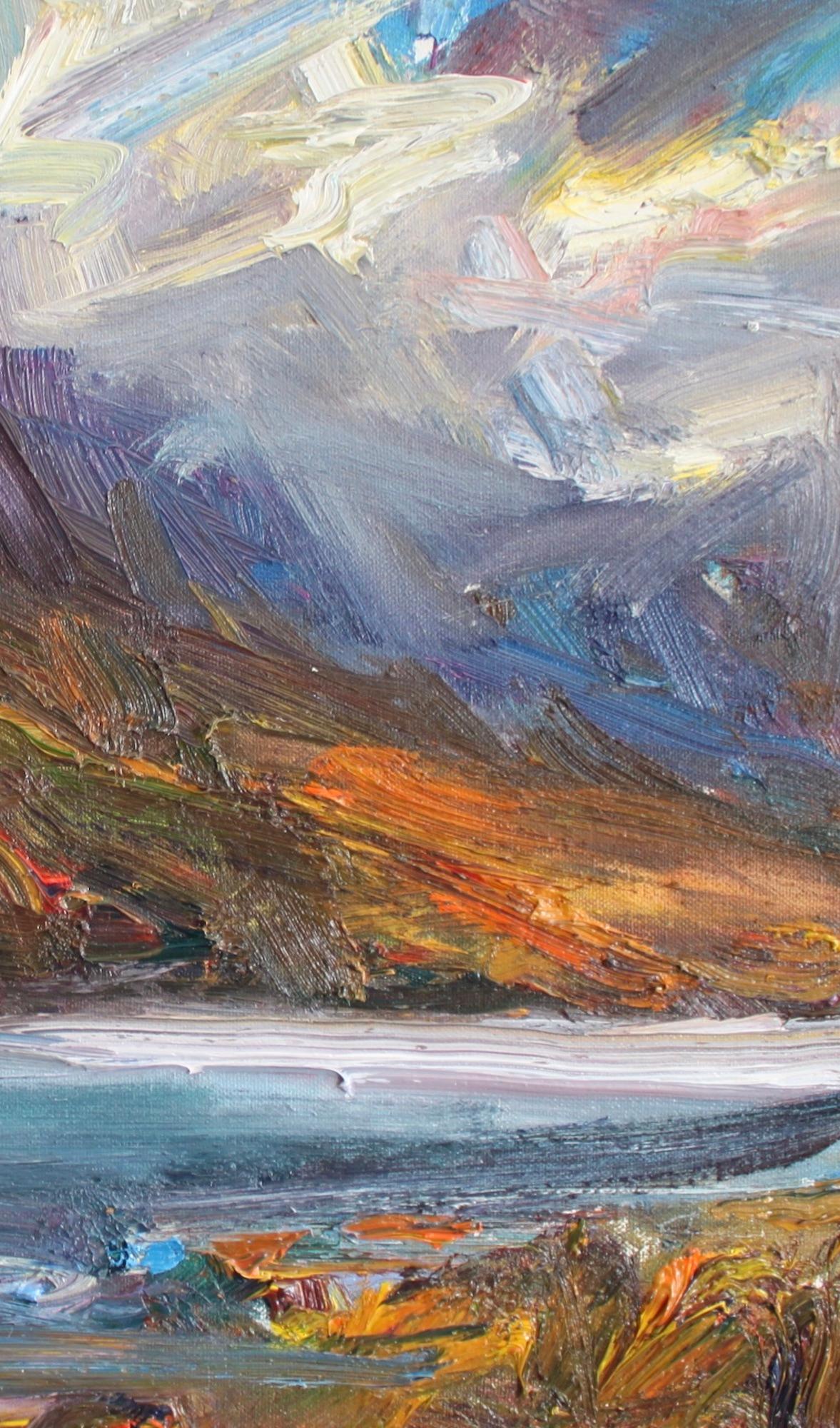 Loch nan Arr by Jonathan Shearer - Landscape oil painting, mountains, blue sky For Sale 3