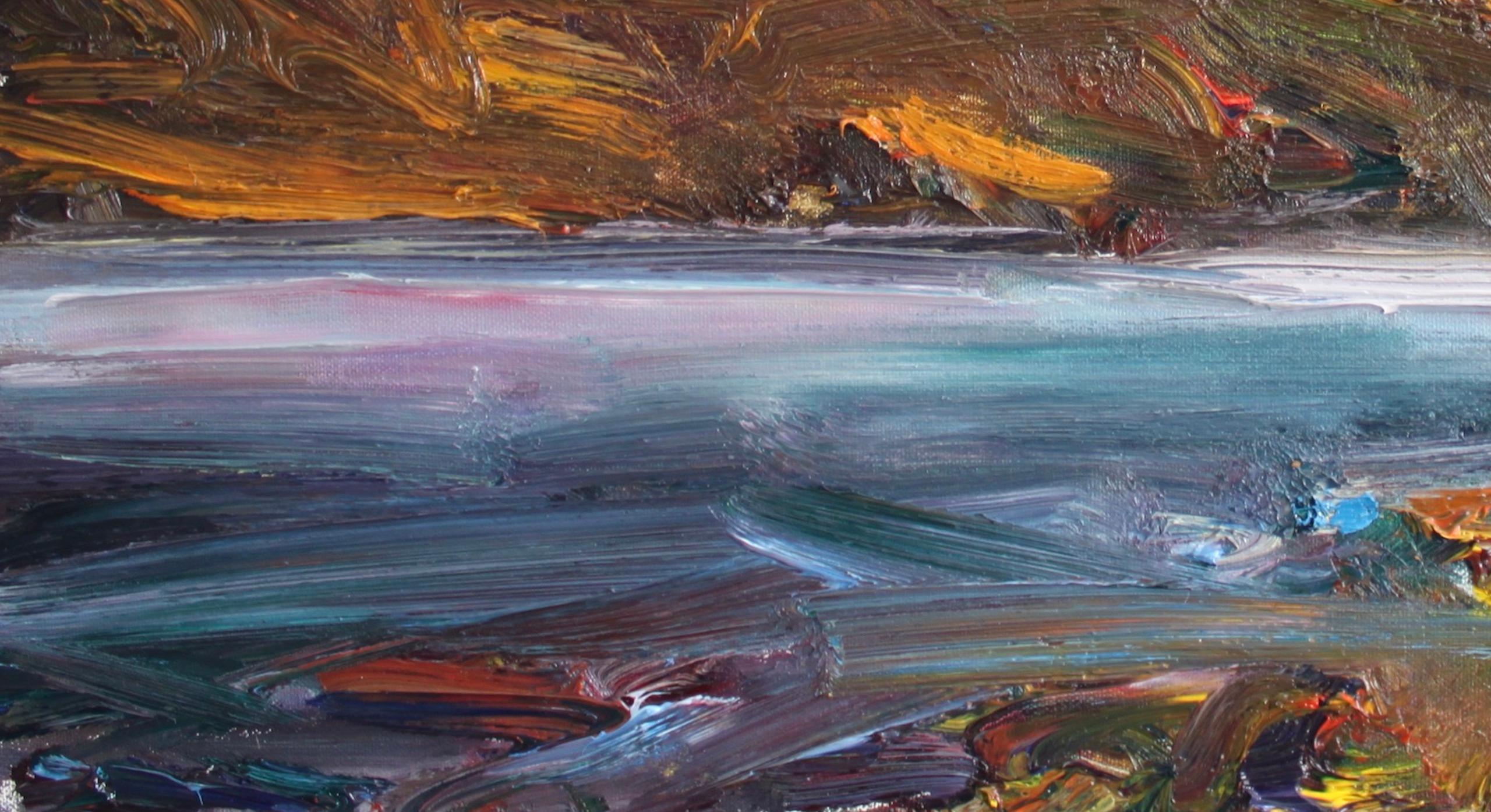 Loch nan Arr by Jonathan Shearer - Landscape oil painting, mountains, blue sky For Sale 4