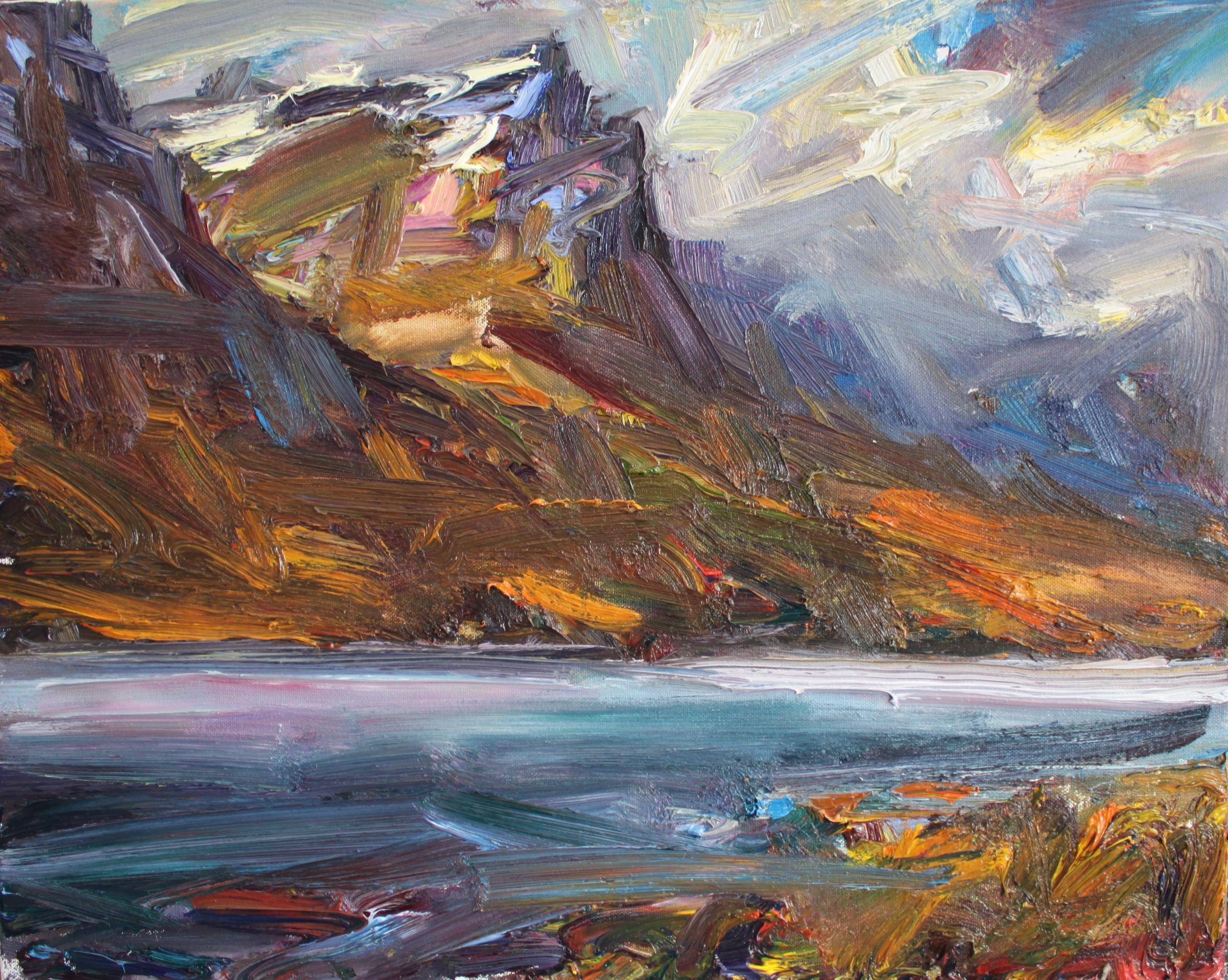 Loch nan Arr by Jonathan Shearer - Landscape oil painting, mountains, blue sky