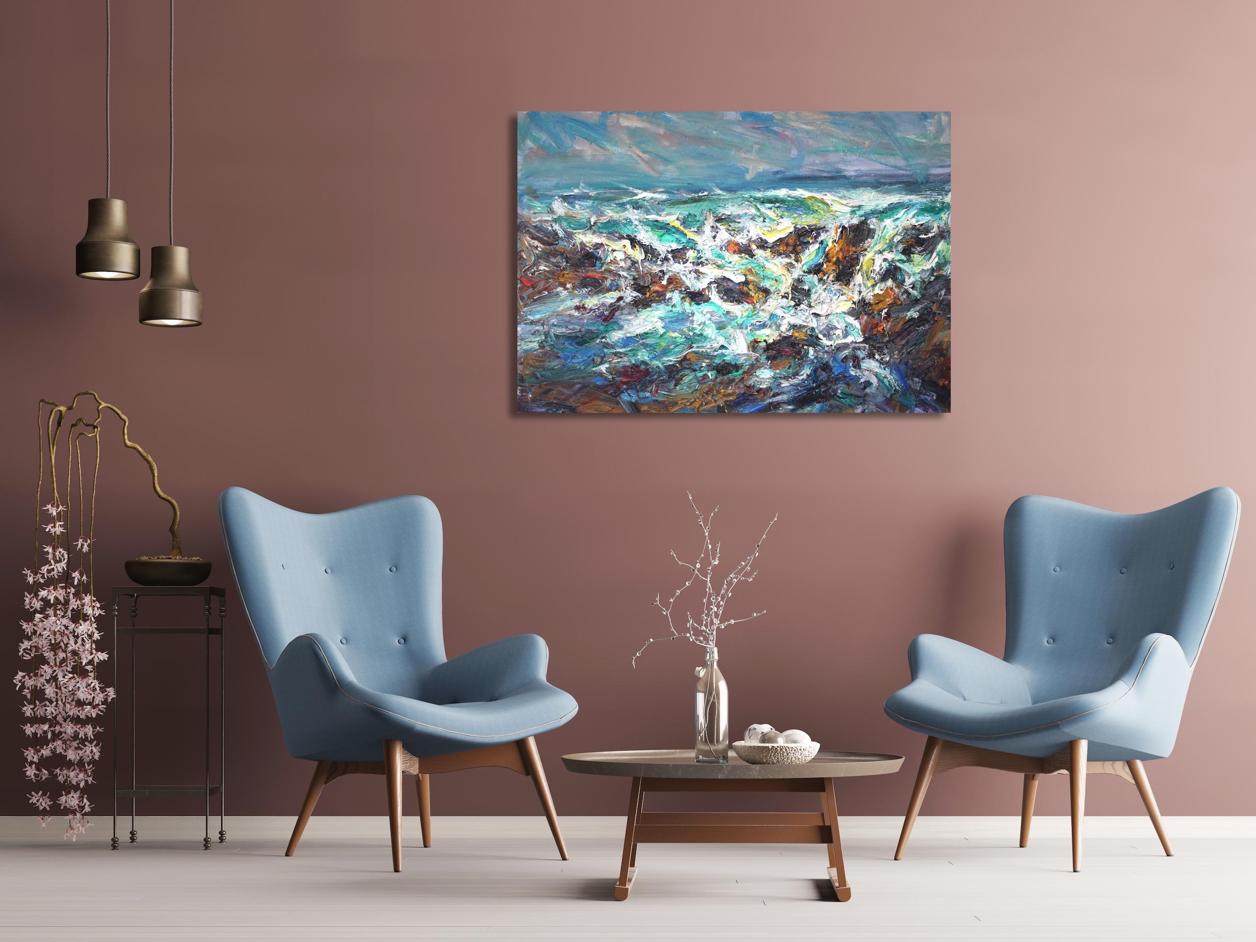 Portskerra by Jonathan Shearer - Cuadro al óleo paisaje, olas, mar, tonos azules en venta 1