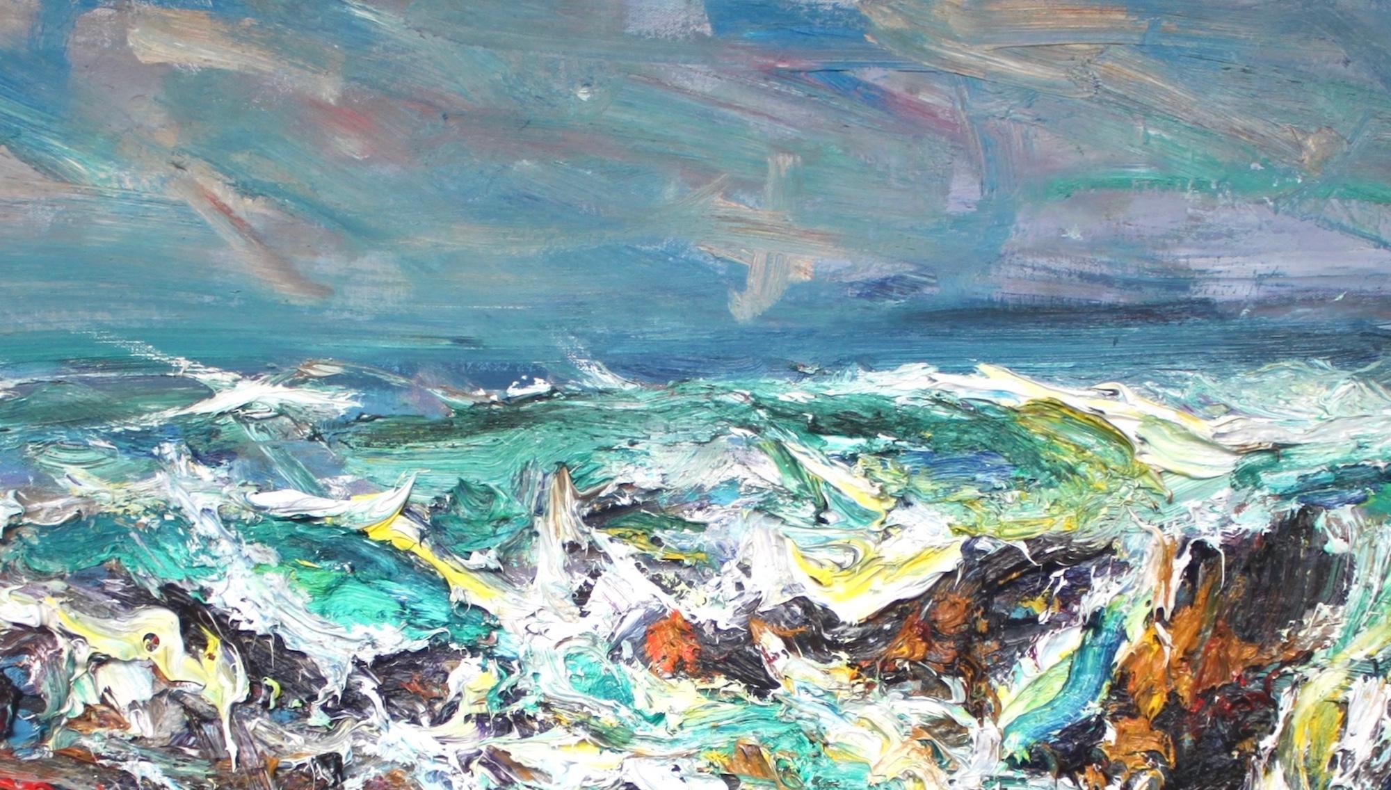 Portskerra by Jonathan Shearer - Cuadro al óleo paisaje, olas, mar, tonos azules en venta 2