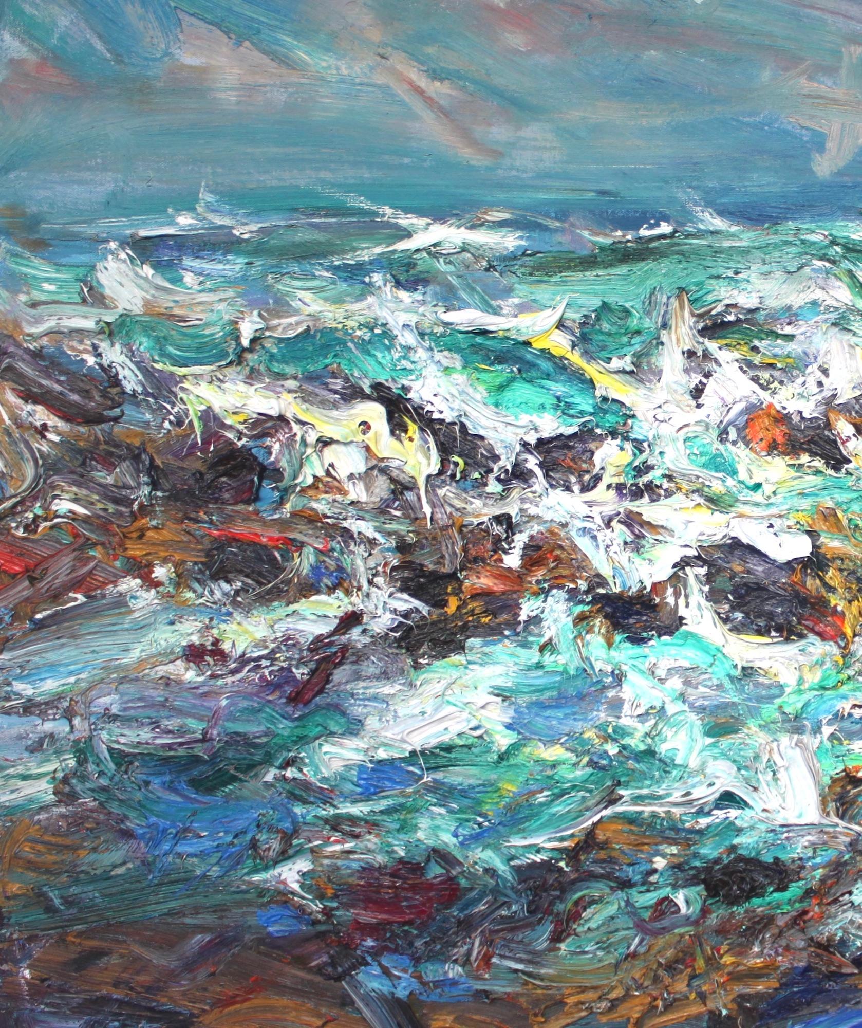 Portskerra by Jonathan Shearer - Cuadro al óleo paisaje, olas, mar, tonos azules en venta 3