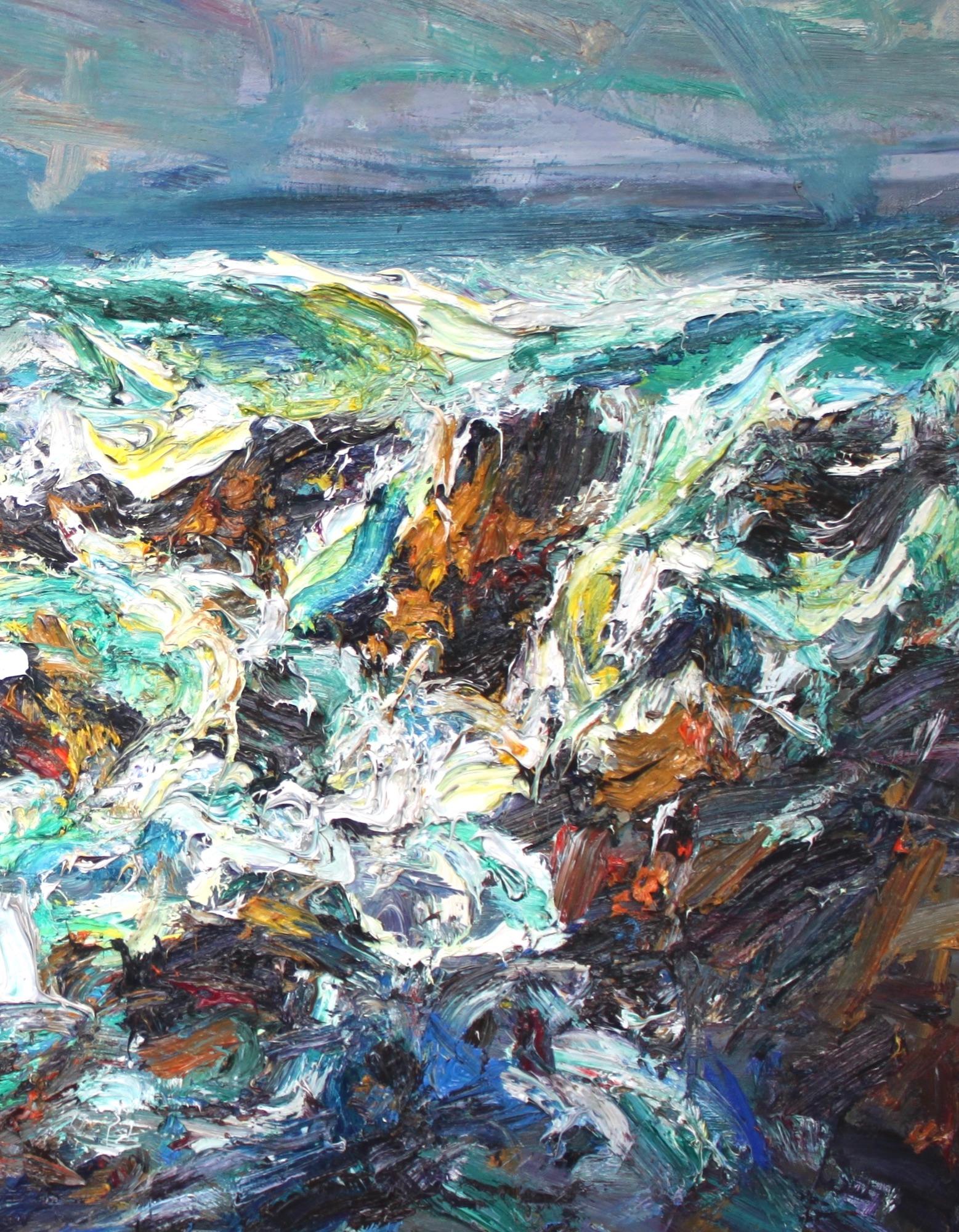 Portskerra by Jonathan Shearer - Cuadro al óleo paisaje, olas, mar, tonos azules en venta 4