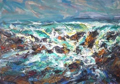 Portskerra by Jonathan Shearer - Landscape oil painting, waves, sea, blue tones