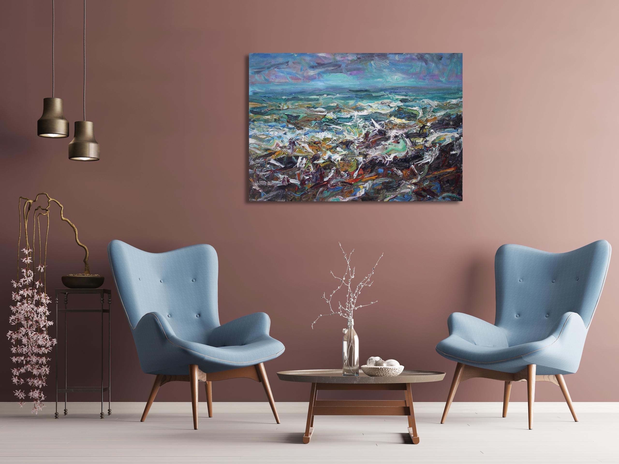 Marea di primavera, Embo Beach di Jonathan Shearer - Paesaggio dipinto a olio, onde, mare in vendita 1