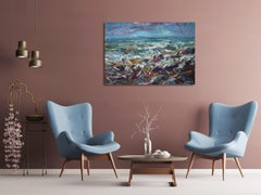 Spring tide, Embo Beach by Jonathan Shearer - Landscape oil painting, waves, sea