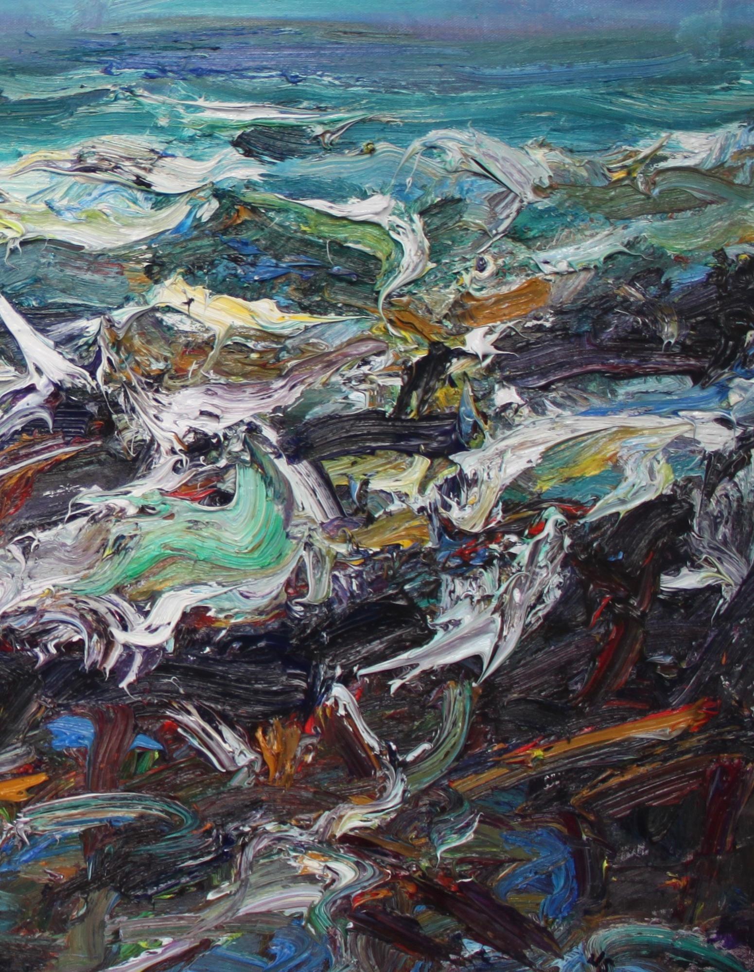 Marea di primavera, Embo Beach di Jonathan Shearer - Paesaggio dipinto a olio, onde, mare in vendita 3
