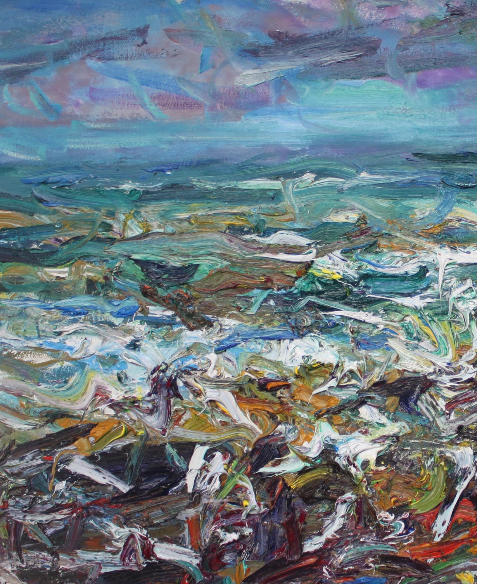 Marea di primavera, Embo Beach di Jonathan Shearer - Paesaggio dipinto a olio, onde, mare in vendita 4