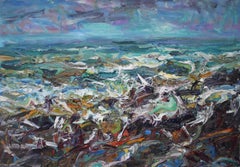 Spring tide, Embo Beach by Jonathan Shearer - Landscape oil painting, waves, sea