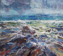 Peinture à l'huile de paysage marin Spring Tide, baie de Shandwick, vagues océaniques, bleu