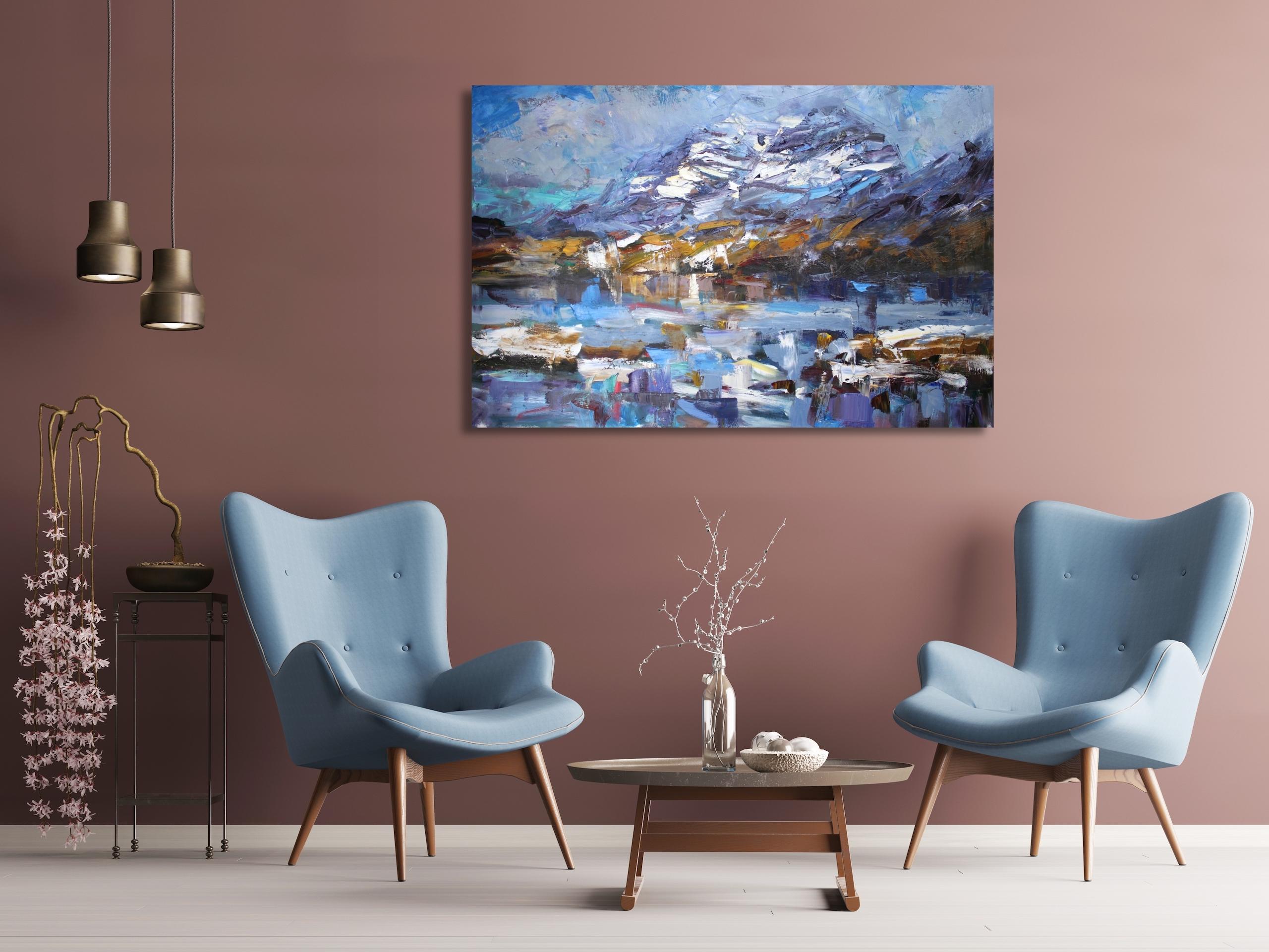 Winterreflexion, Loch Clair von Jonathan Shearer – Landschaftsgemälde in Öl, blau im Angebot 1