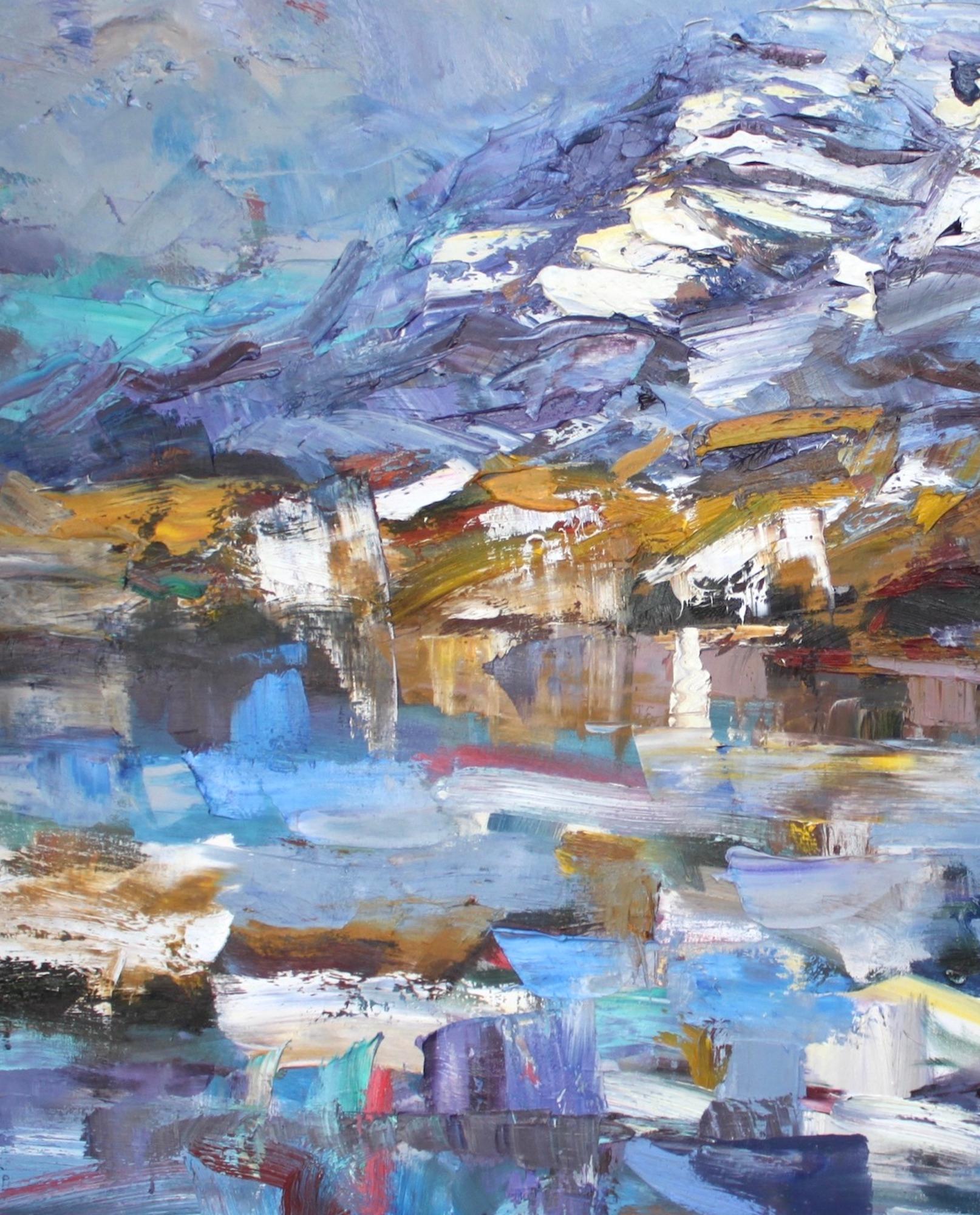 Winterreflexion, Loch Clair von Jonathan Shearer – Landschaftsgemälde in Öl, blau im Angebot 3