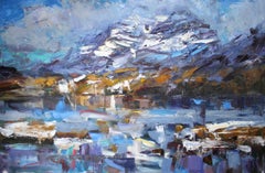 Jonathan Shearer - Riflesso d'inverno, Loch Clair di Jonathan Shearer - Paesaggio dipinto a olio, blu Riflesso d'inverno, Loch Clair di Jonathan Shearer - Paesaggio dipinto a olio, blu